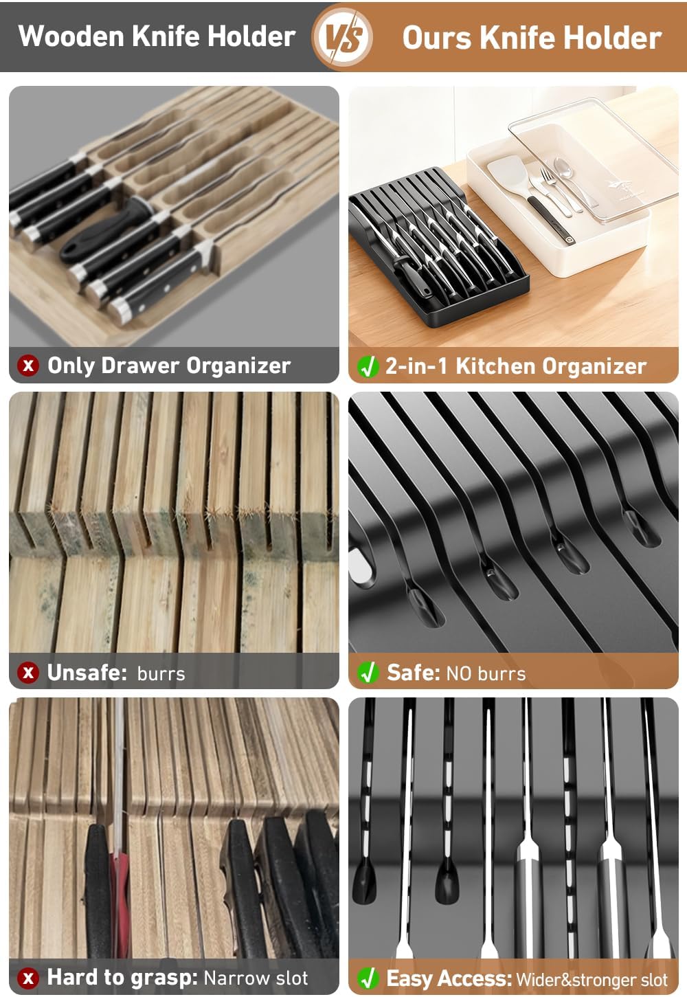 2-in-1 Detachable Knife Block & Silverware Organizer, Drawer Knife Holder for 10 Knives, BPA-Free