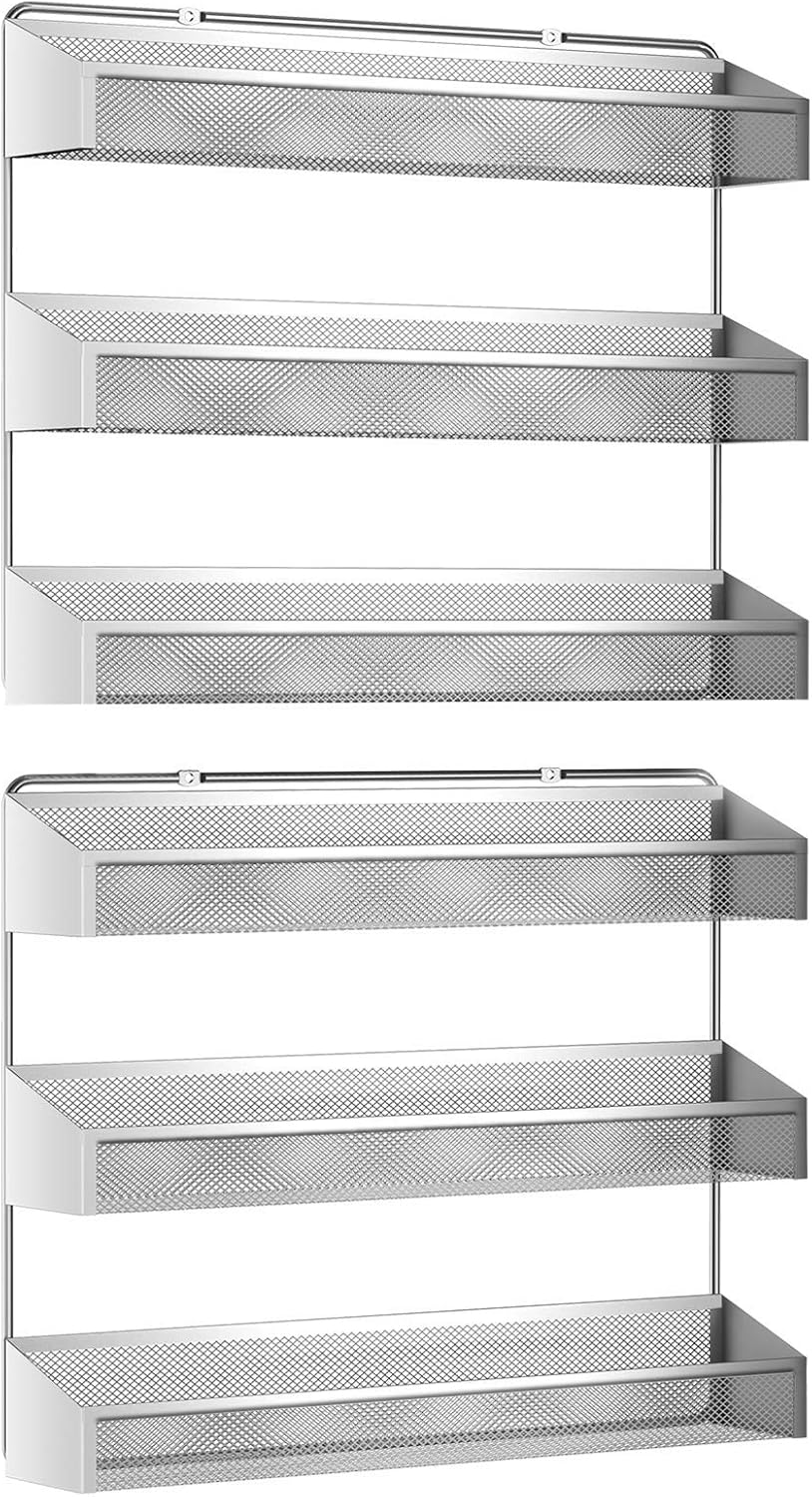 2 Pack Spice Rack Organizer, 3 Tier Counter-top Stand or Wall Mounted Storage Rack Hanging Shelf for Kitchen Cabinet, Cupboard, Pantry Door or Bathroom Shower Cosmetic - Chrome