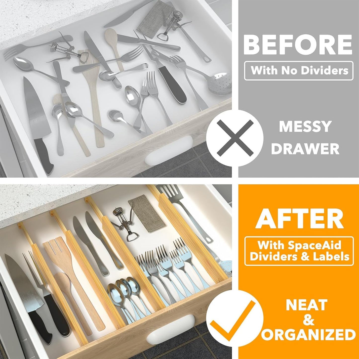 4 Pack Bamboo Drawer Dividers with Labels, Kitchen Adjustable Drawer Organizers