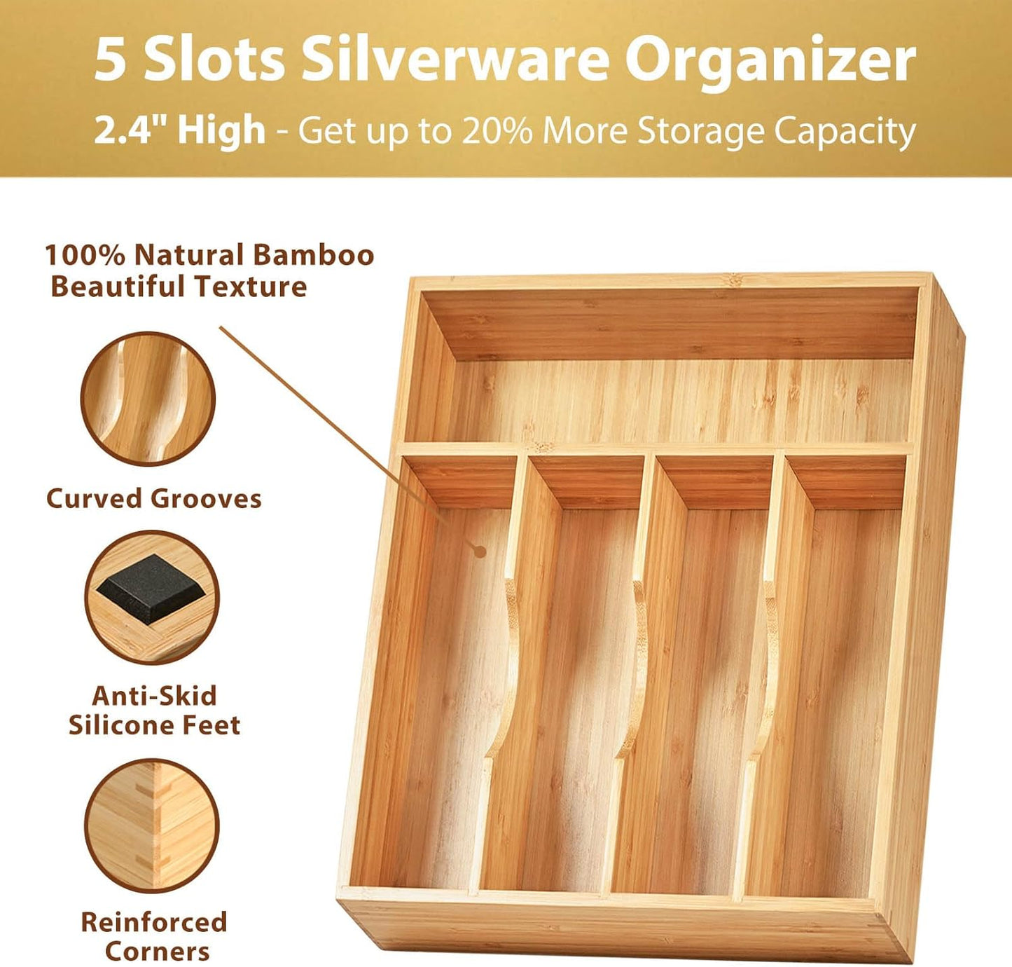 Bamboo Kitchen Drawer Organizer, 11 Inch Silverware Utensils Tray Holder with Grooved Dividers