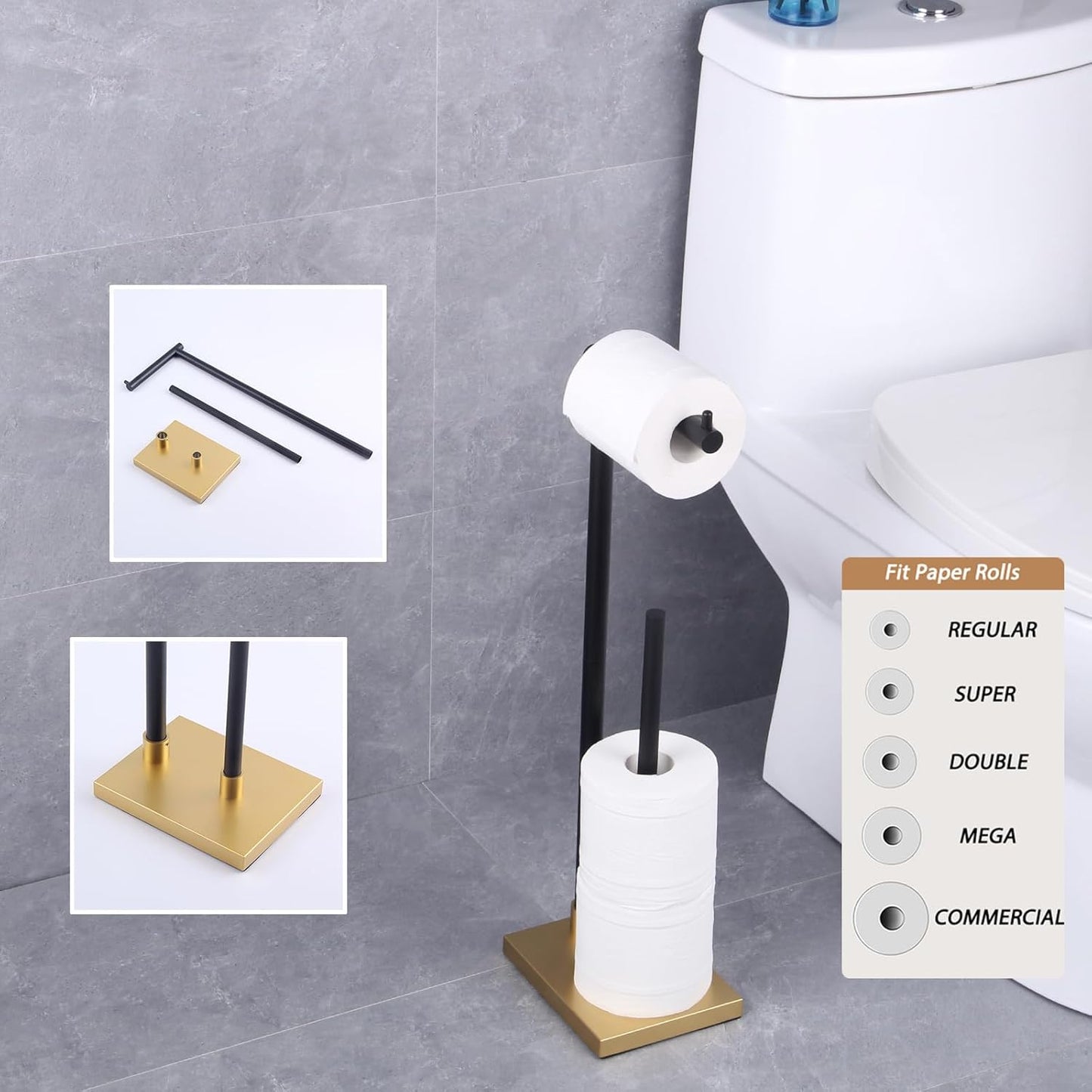 Bathroom Free Standing for Countertop Toilet Paper Holder SUS 304 Stainless Steel Stand Modern Paper Towel Holder (Black & Gold) DZY003-BD
