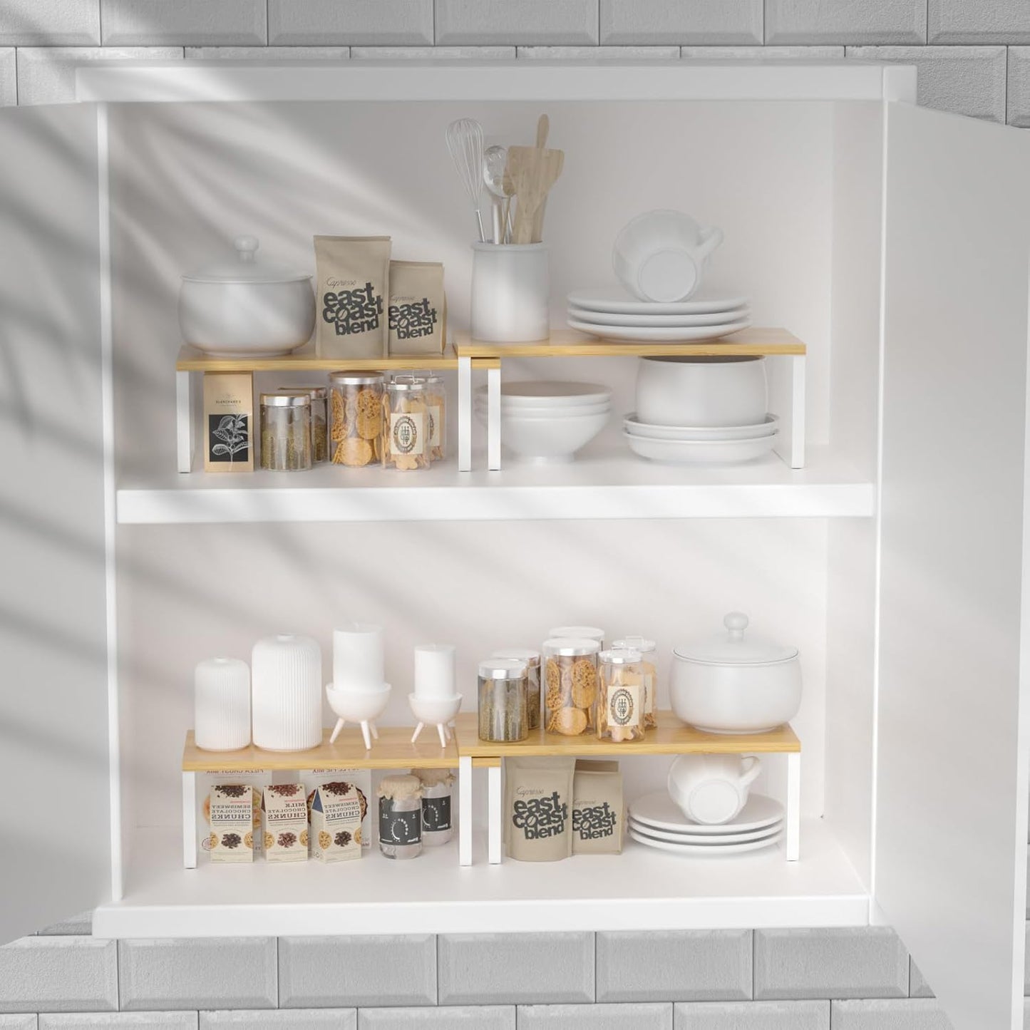 Kitchen Cabinet and Counter Shelf Organizer, Stackable & Expandable, Set of 4