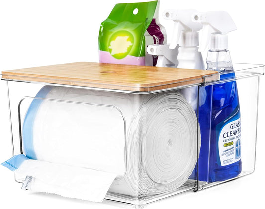 Trash Bag Dispenser Under Sink Organizer, 2-in-1 Acrylic Trash Bags Holder with Bamboo Lid