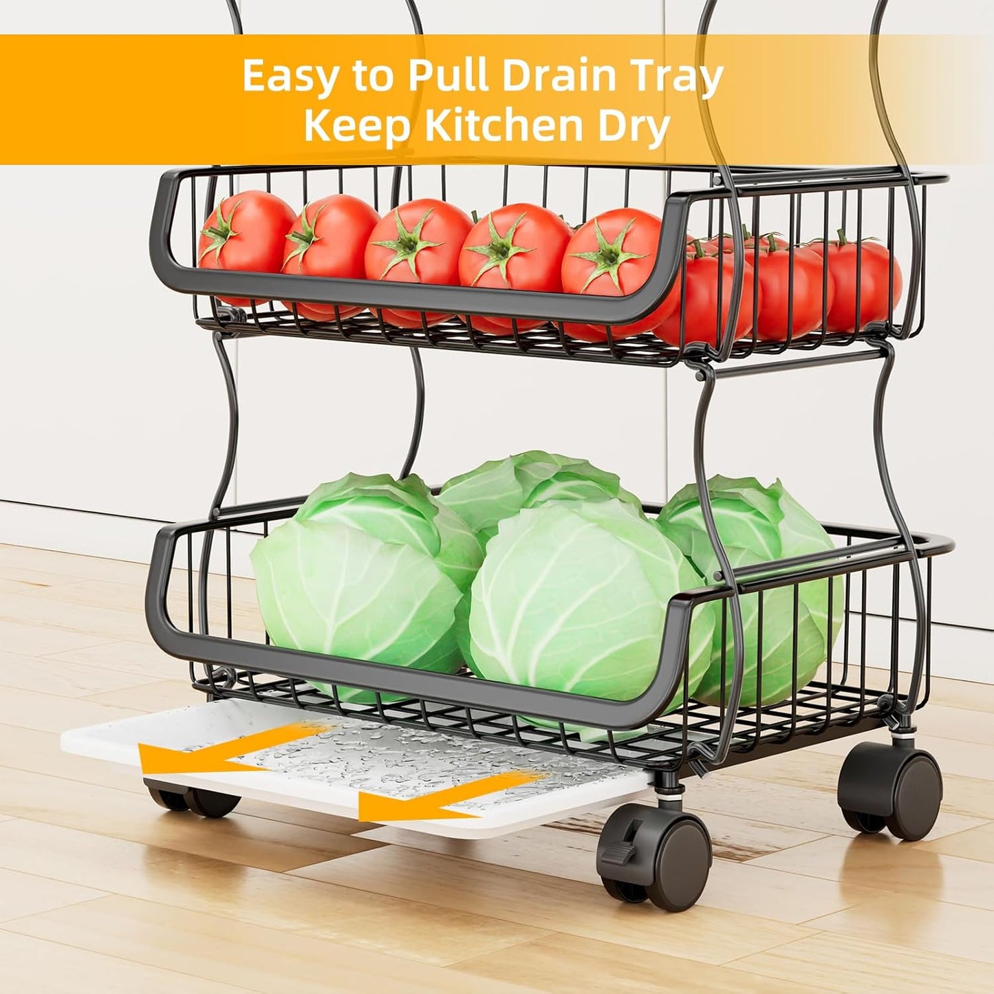 4 Tier Rolling Cart, Stackable Fruit Vegetable Basket with Wheels and 2 Hanging Basket