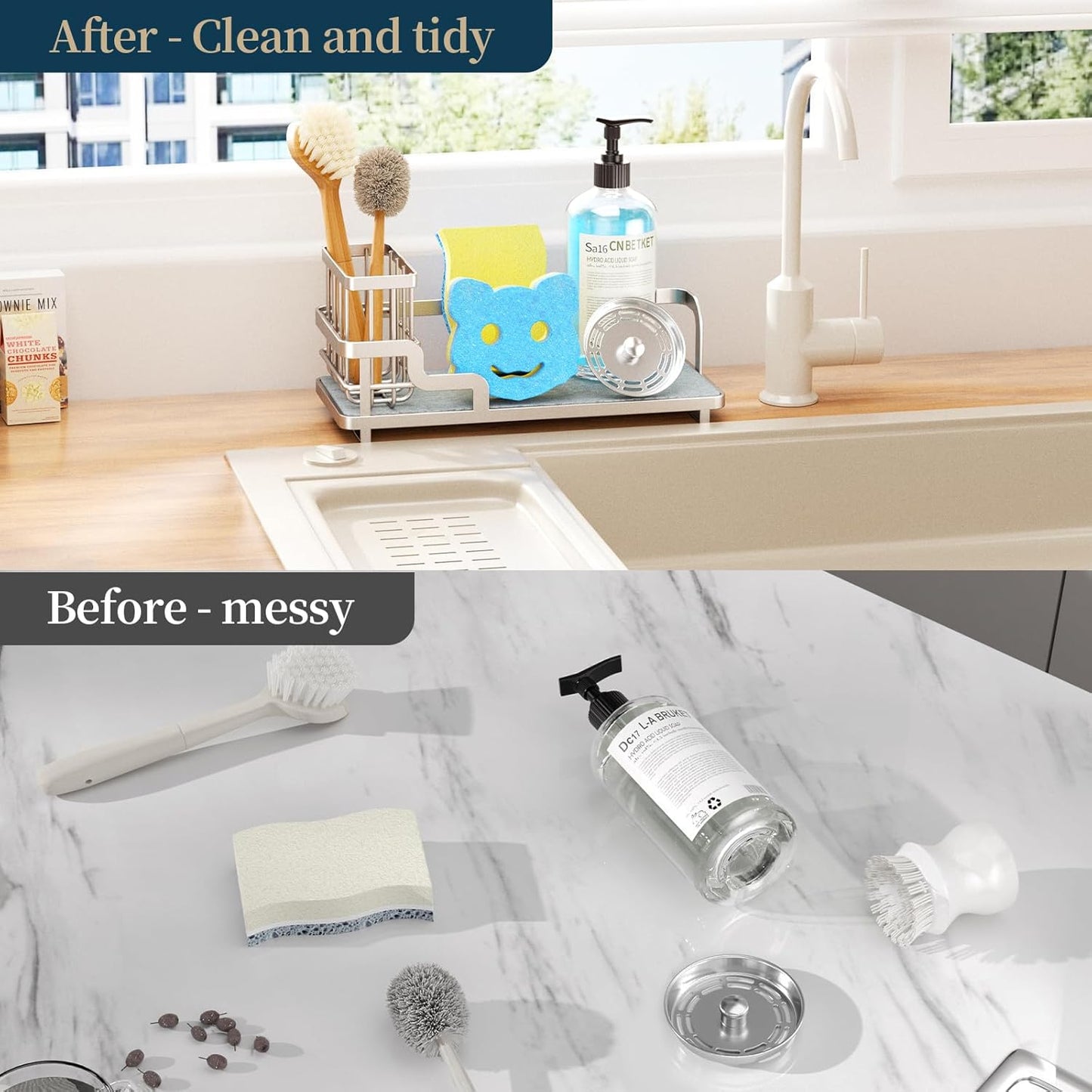 Sponge Holder for Kitchen Sink - Sink Caddy Organizer with Water Absorbing Stone Tray