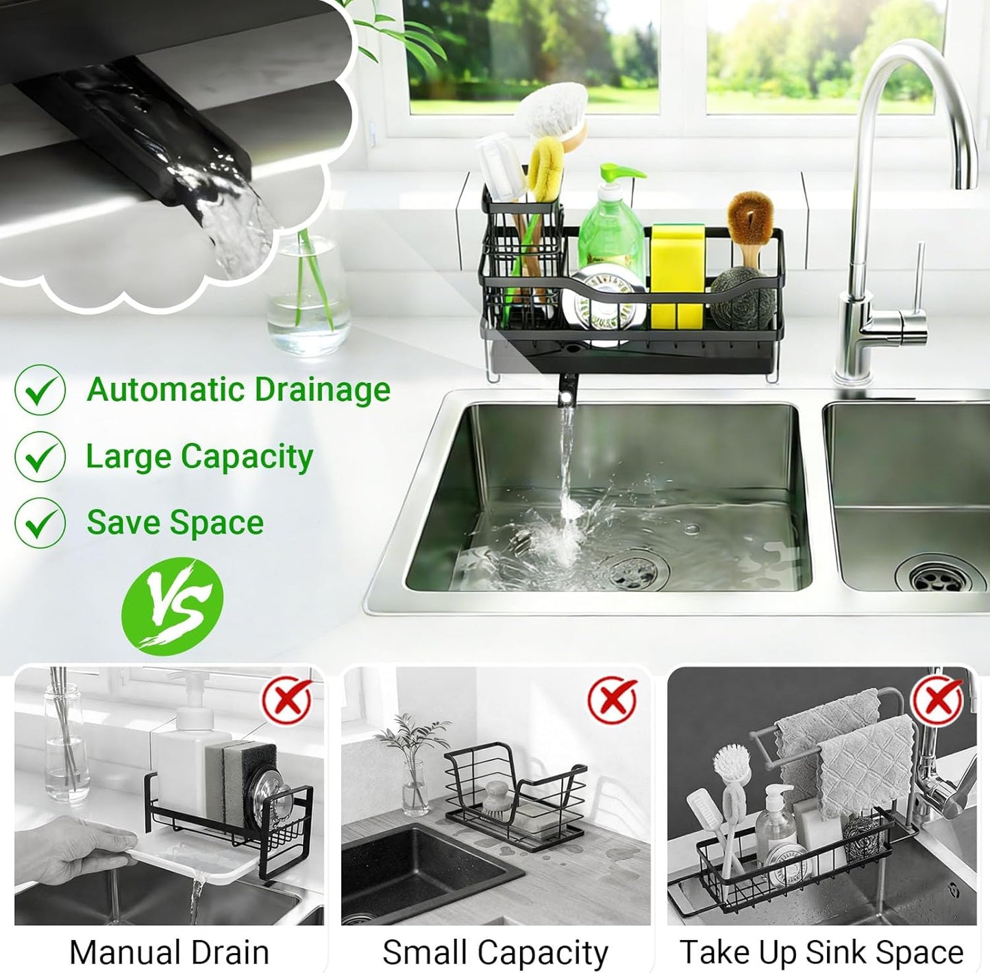 Sponge Holder for Kitchen Sink, Self-Draining Sink Caddy Organizer with Removable Brush Holder