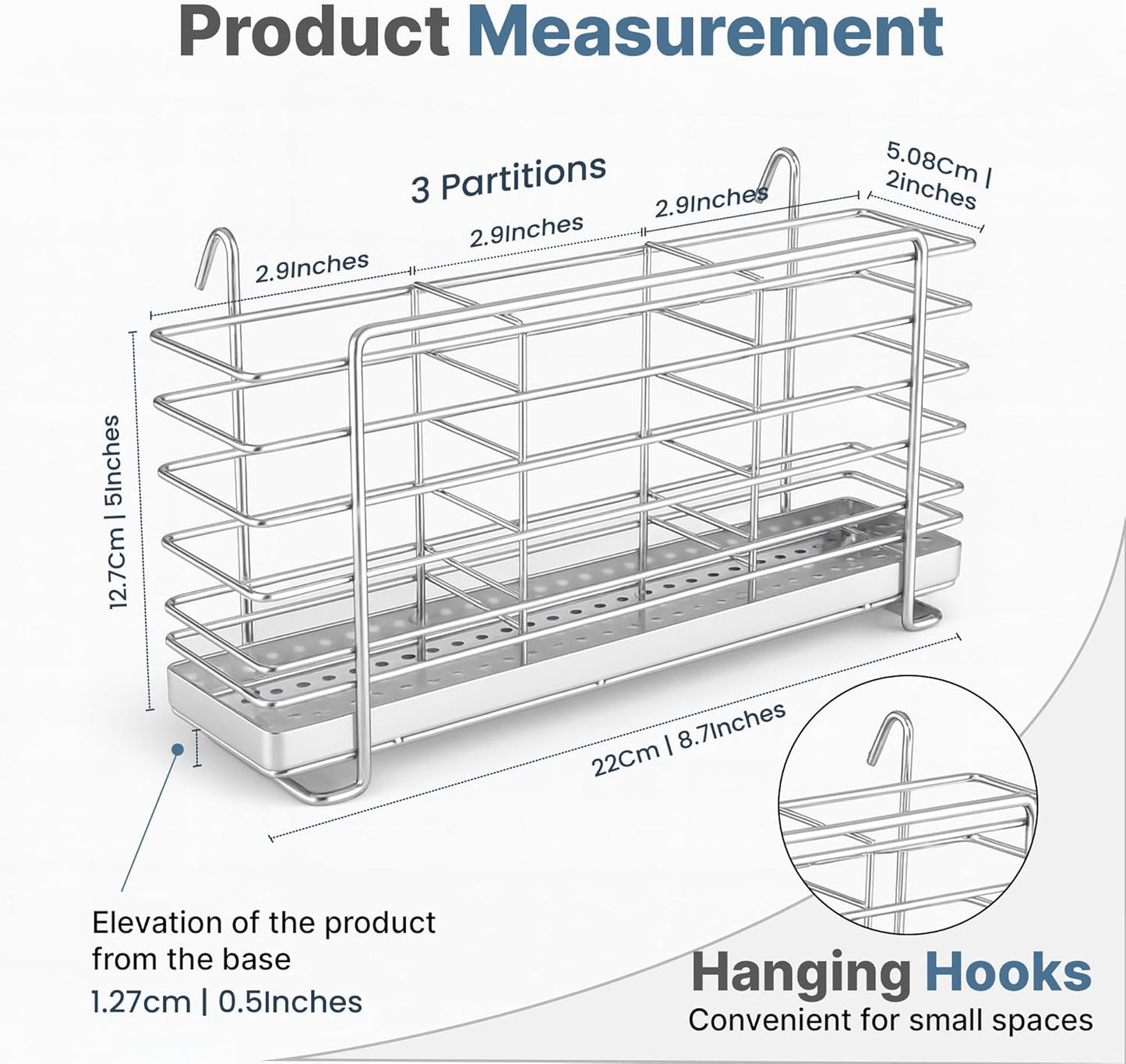 304 Stainless Steel Utensil Drying Rack with Hooks & 3 Divided Compartments