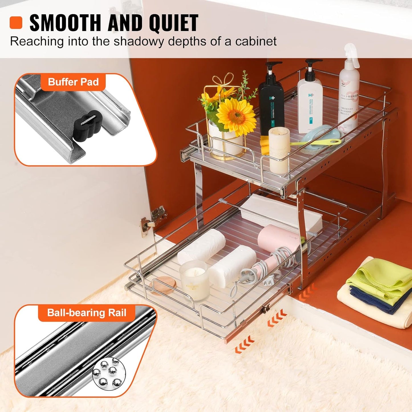 Pull Out Cabinet Organizer, 14" Wx21.2 Dx15.2 H Heavy 2 Tier Duty Slide Out Pantry Shelves