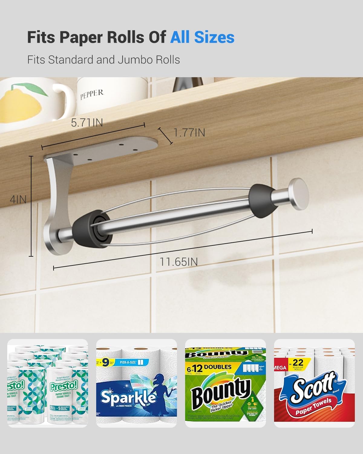 Paper Towel Holder Under Cabinet, One-Handed Tear, Wall Mount, Adhesive, Silver