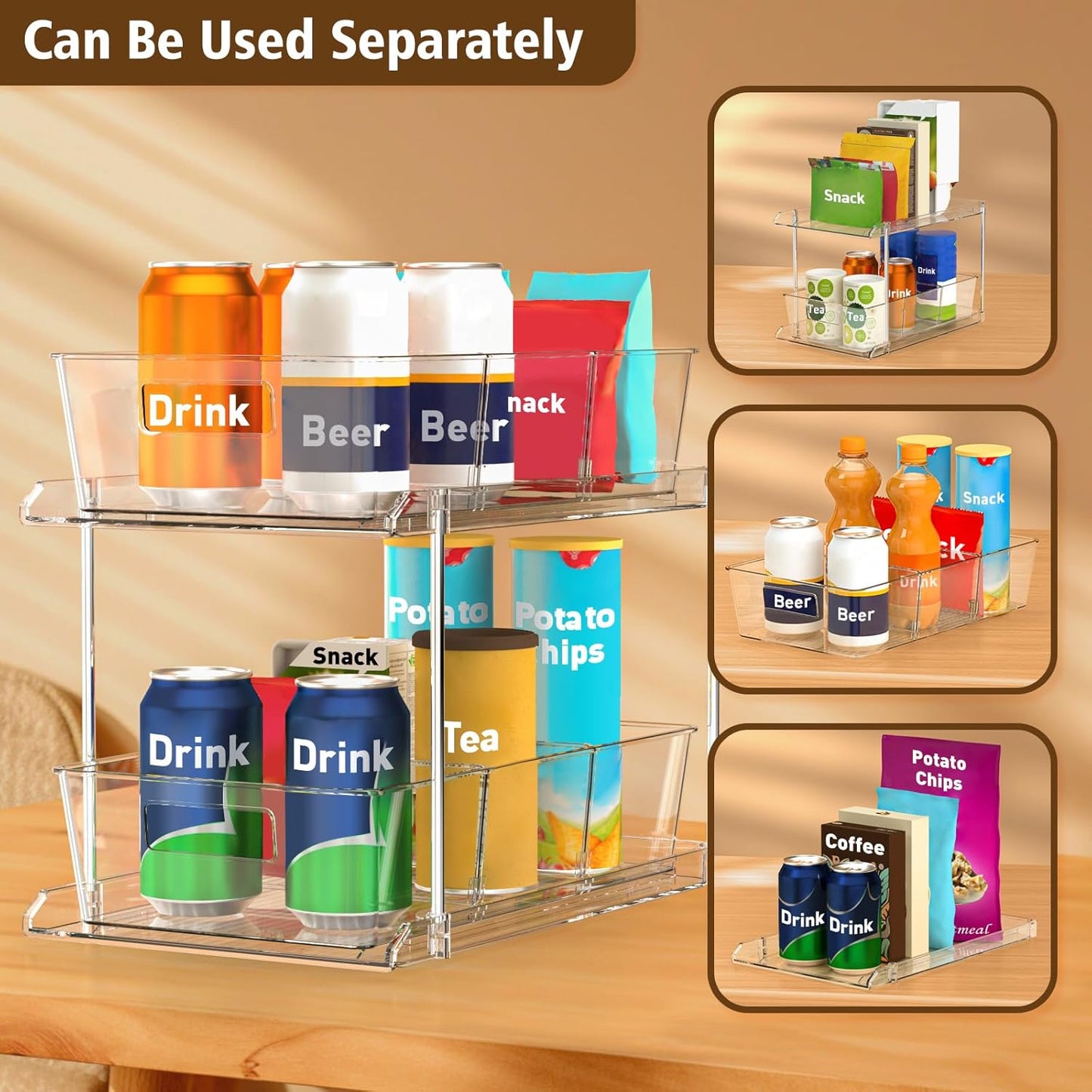 Pull-out Home Organizer, 2 Pack 2 Tier Clear Bathroom Organizer with Dividers