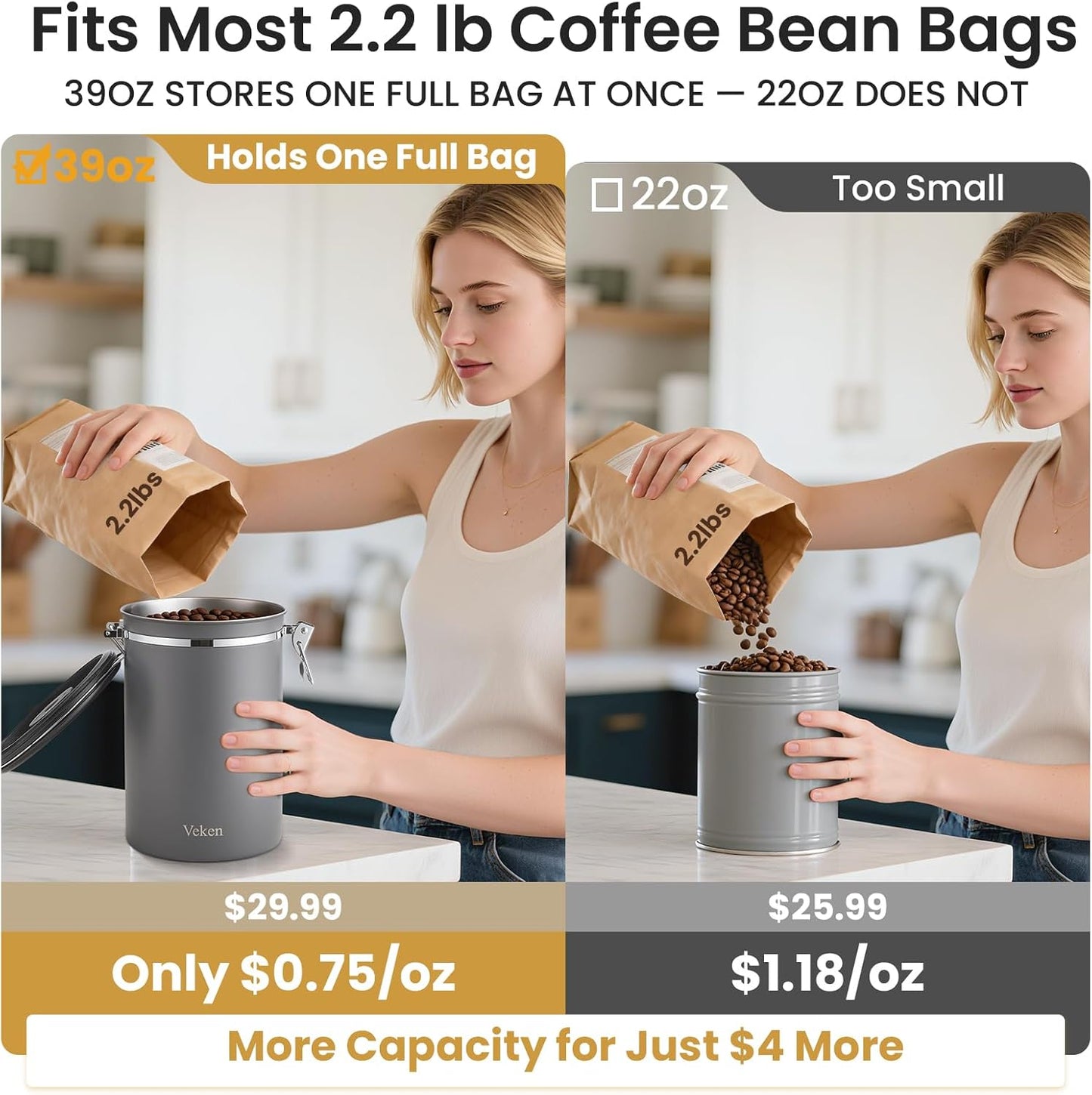 Coffee Canister, 39OZ Large, Airtight Stainless Steel Food Storage Container for 2.2lbs Coffee Beans,Ground, Sugar,Espresso,Rice,Tea,Flour, Cereal,Home Kitchen Pantry Bar Accessories, Gifts,Gray