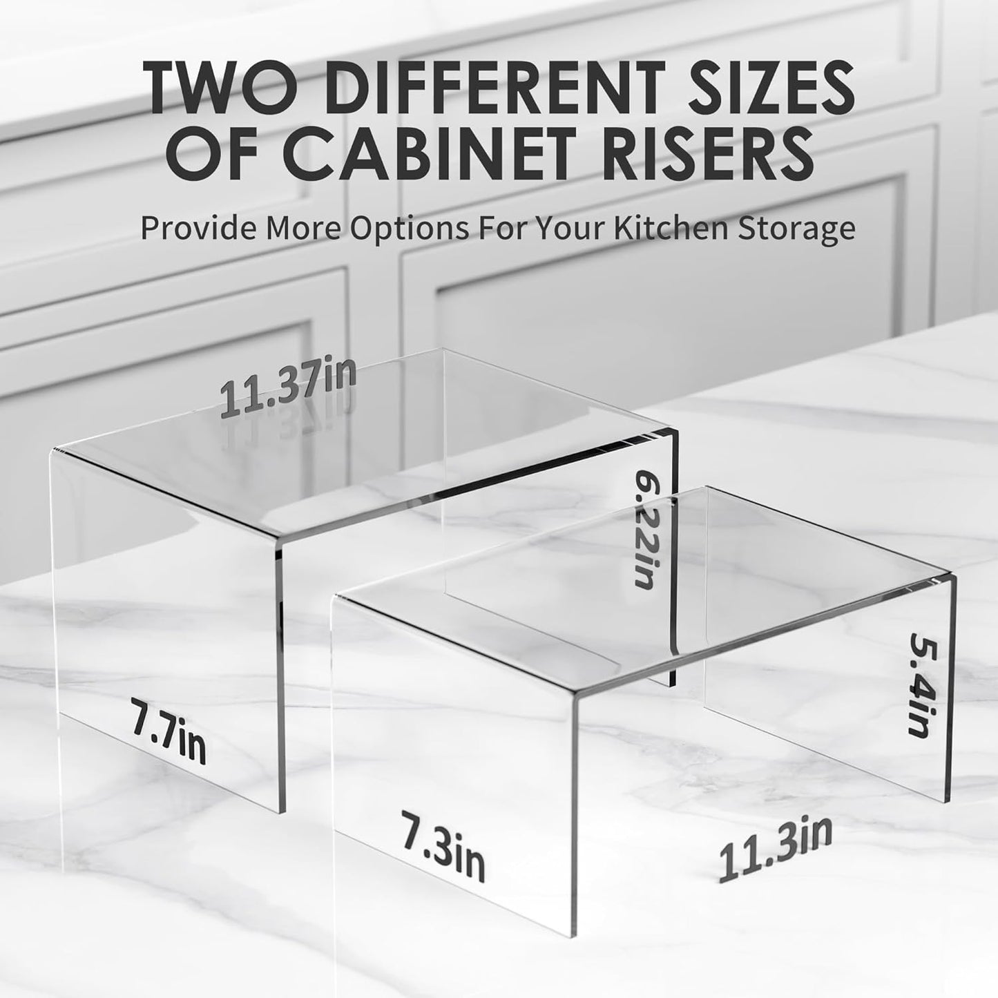 Clear Acrylic Kitchen Cabinet Risers Set of 2 - Anti-Slip Stackable Shelf Organizers