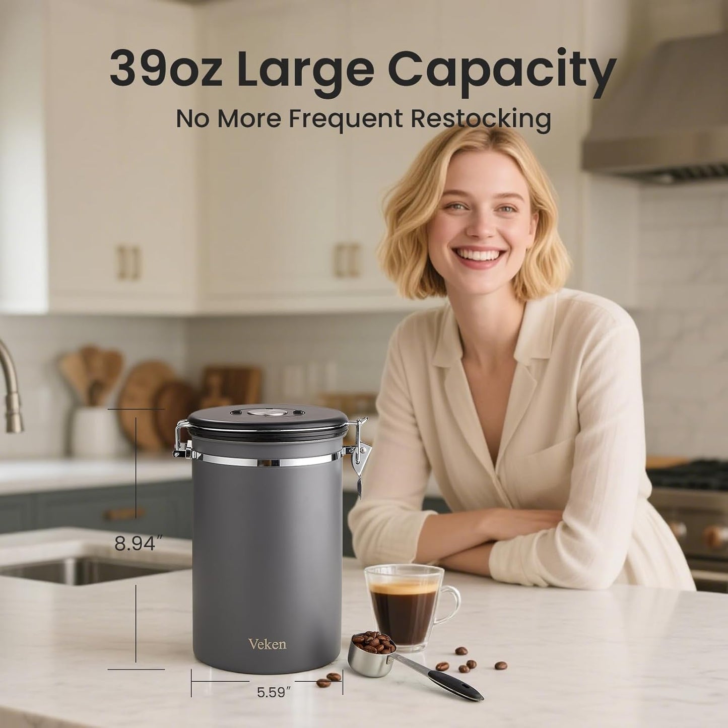 Coffee Canister, 39OZ Large, Airtight Stainless Steel Food Storage Container for 2.2lbs Coffee Beans,Ground, Sugar,Espresso,Rice,Tea,Flour, Cereal,Home Kitchen Pantry Bar Accessories, Gifts,Gray