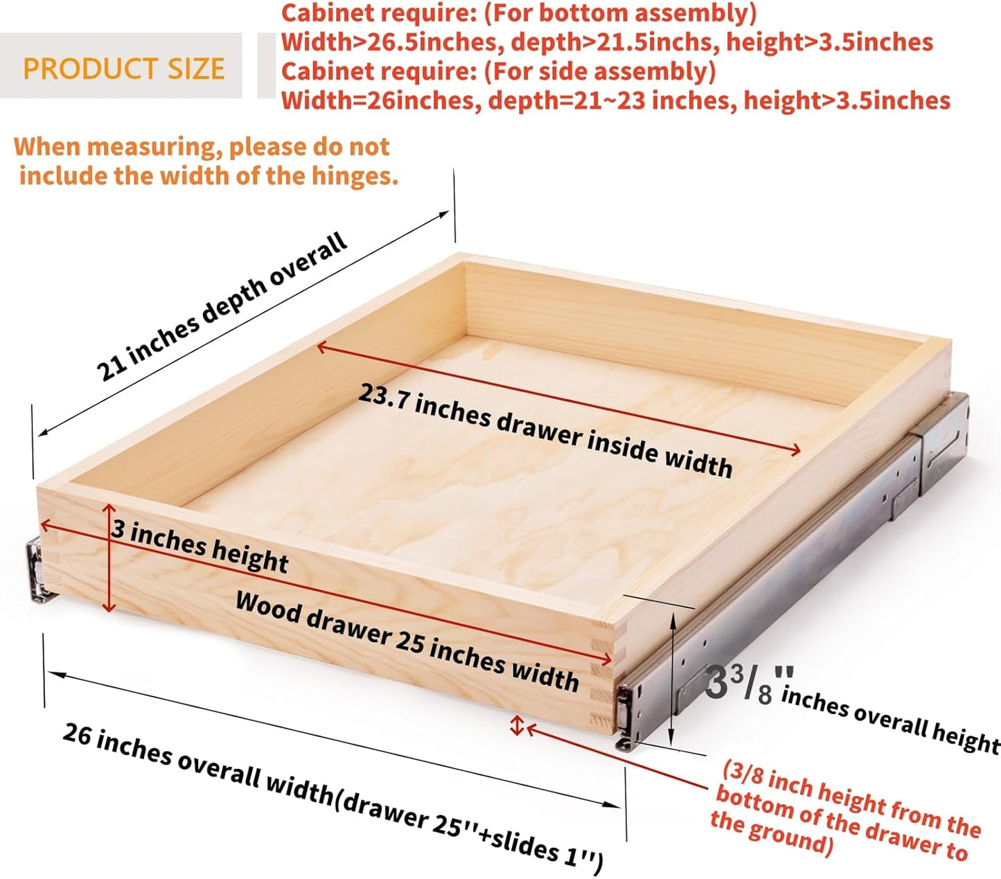 26''W x 21''D x 3''H Pull Out Cabinet Drawer Soft Close Slide Out Wood Organizer for Kitchen