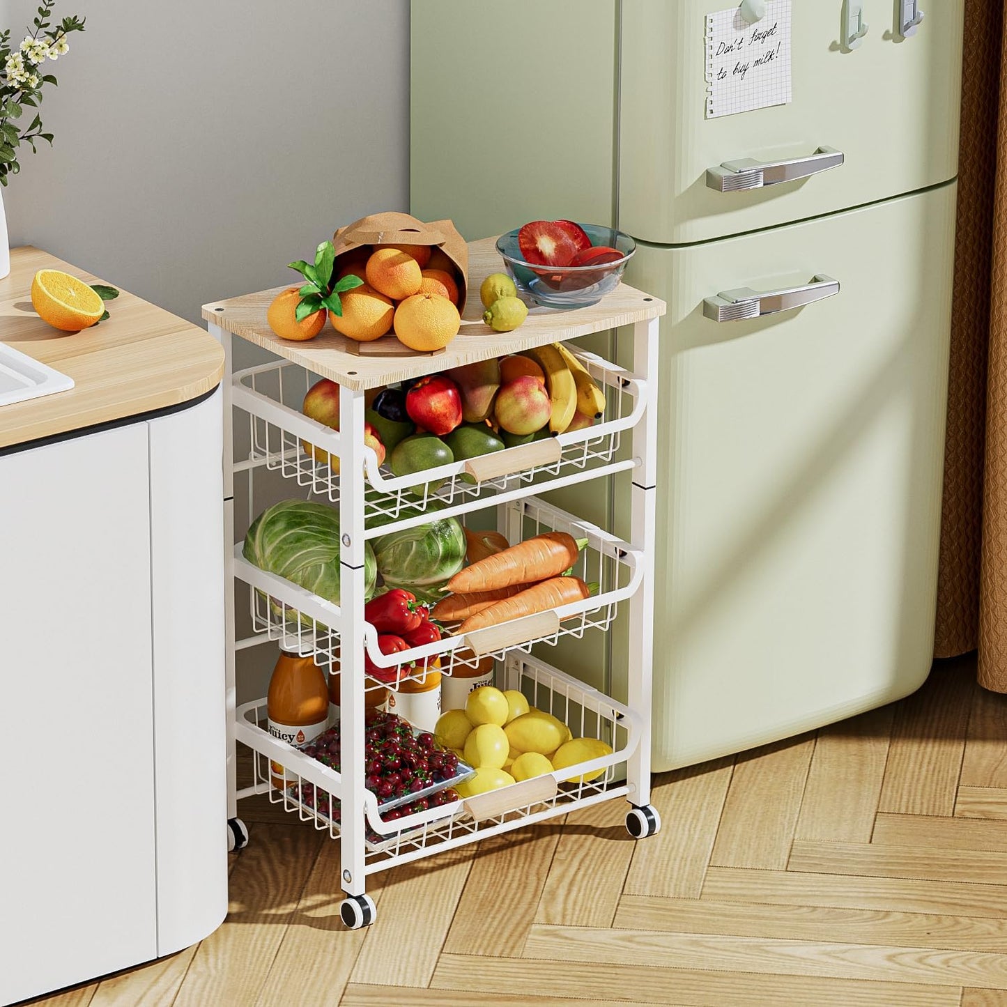 Slide Out Fruit Vegetable Basket for Kitchen, 4-Tier Rolling Storage Cart with Wooden Handle & Top
