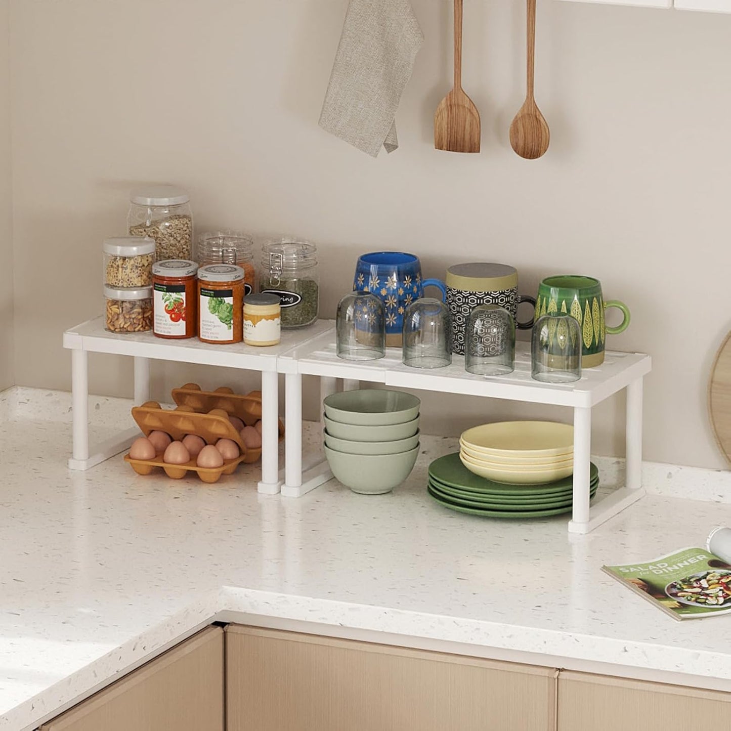 Cabinet Shelf Organiser, Expandable Countertop Kitchen Shelves