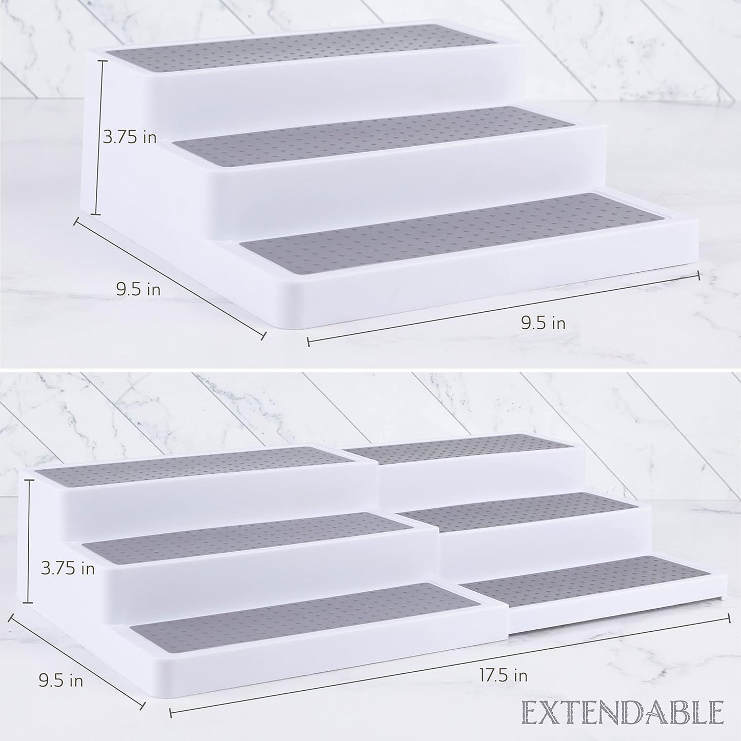 Plastic 3-Tier Expandable Spice Rack, Adjustable Length, Stability with Non-Skid Shelf