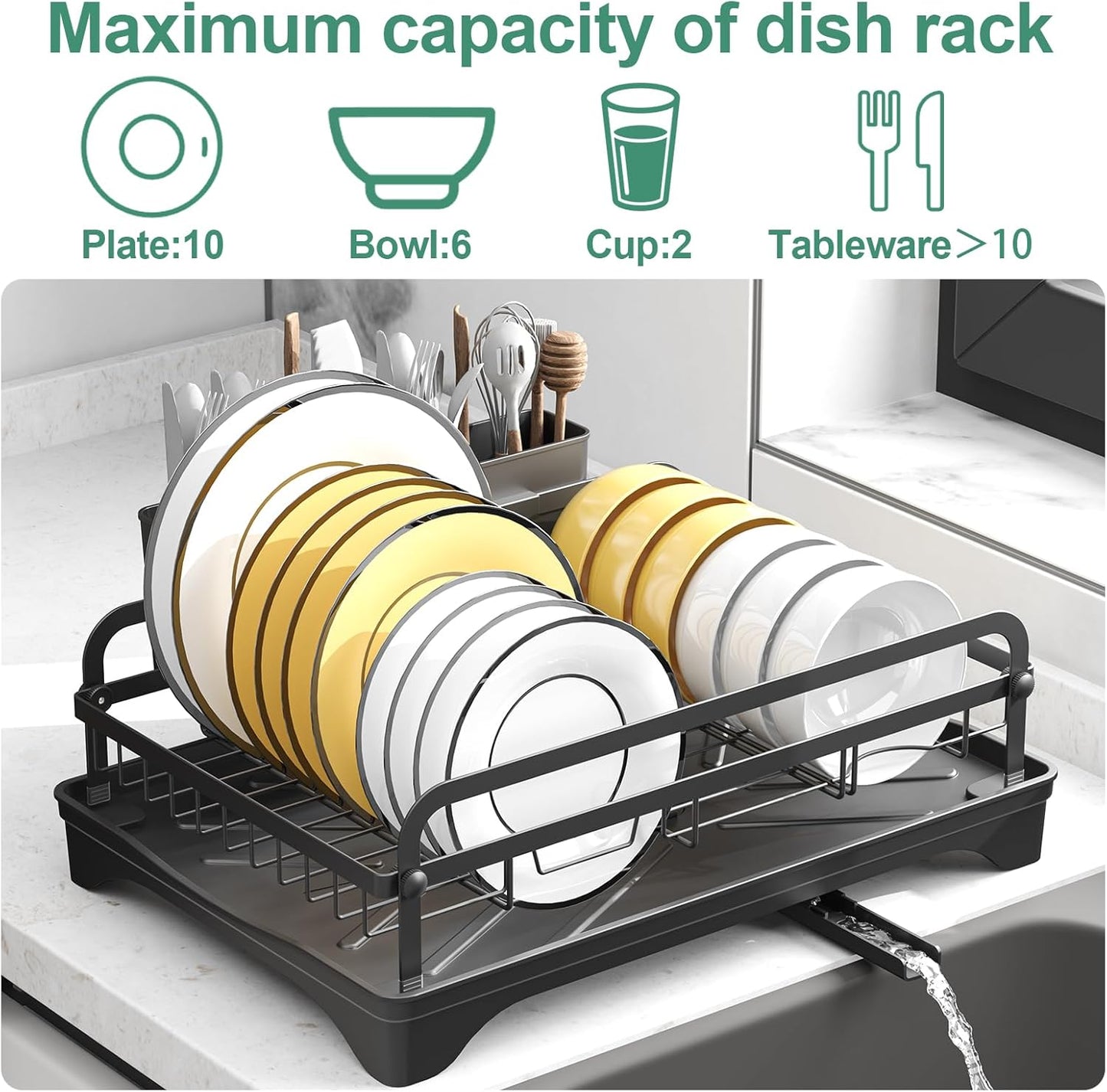 Dish Drying Rack for Kitchen Counter, Large Dish Drying Rack with Utensil Holder & Cutlery Tray