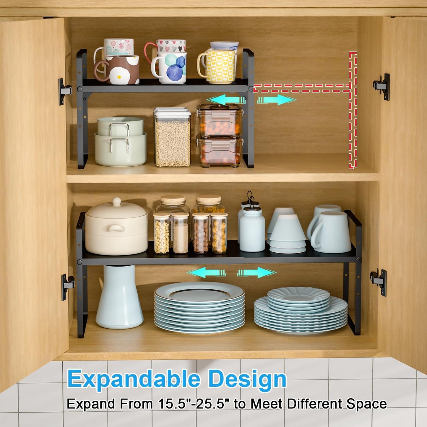15.5 to 25.5 Inch Kitchen Cabinet Shelf Organizers, Adjustable Kitchen Counter Shelf Organizer