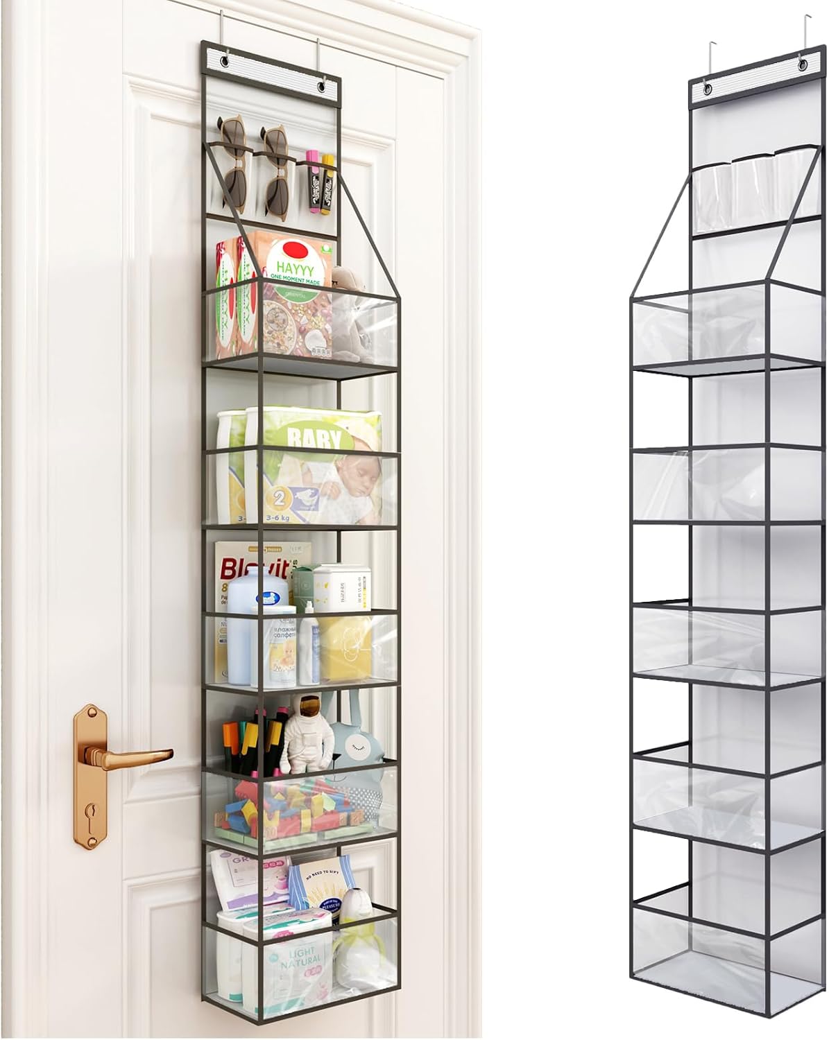 6-Shelf Over The Door Hanging Pantry Organizer Hanging Storage with Clear Plastic Pockets Behind The Door Storage Organizer with 3 Small PVC Pockets for Closet Bedroom Bathroom (Grey)