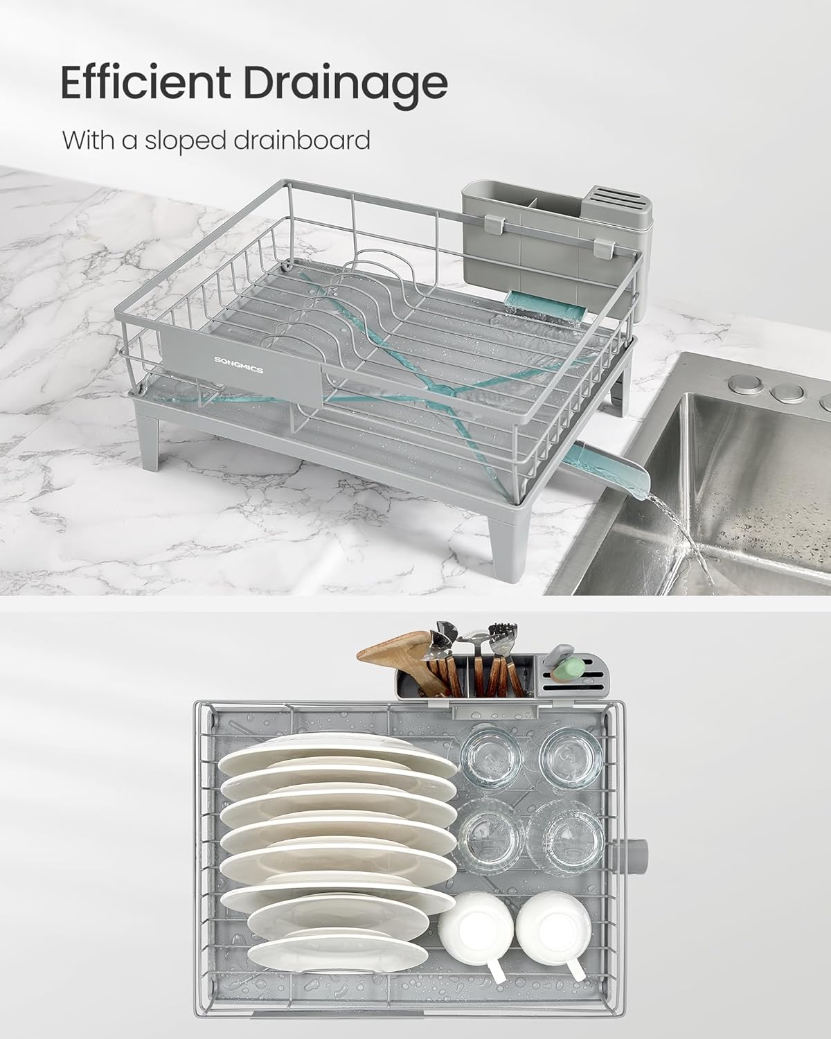 Dish Drying Rack, Kitchen Dish Rack with Drainboard, 360° Rotatable and Extendable Spout