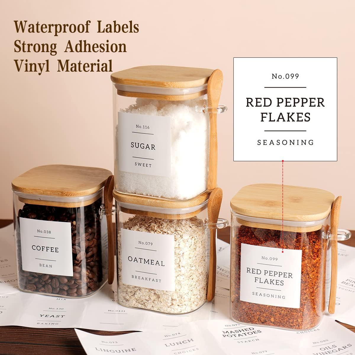 Set of 4 Square Glass Jar with Bamboo Lids and Spoons – Airtight 27 oz Borosilicate Glass Food Storage Contaienrs with 132 Kitchen Pantry Labels for Coffee, Tea, Sugar