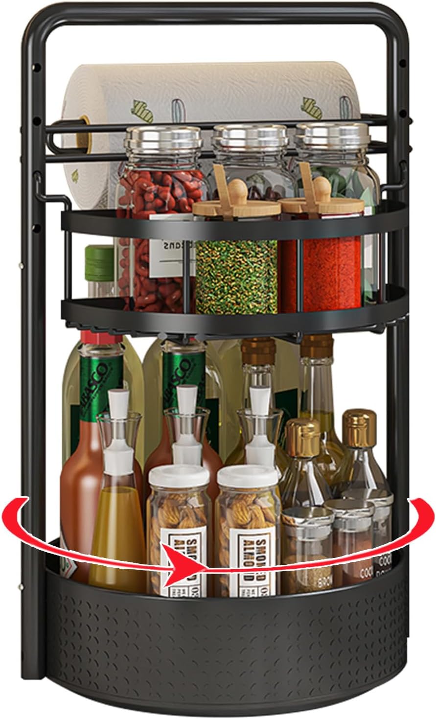Rotating Spice Rack with Paper Towel Holder, 2 Tier Turntable Lazy Susan