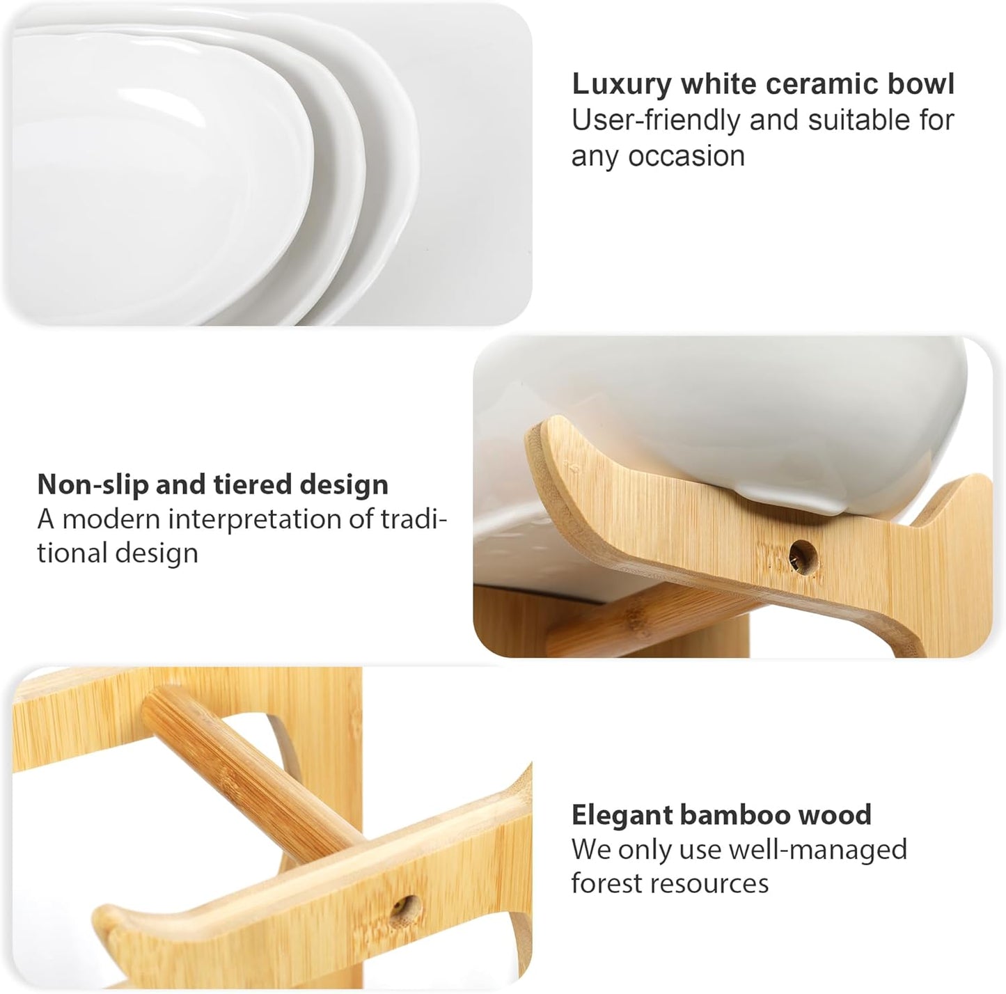 3 Tier Fruit Bowl for Kitchen Counter (PLUS Series) / Ceramic Serving Bowls with Bamboo Stand/Big Size Tiered Fruit Basket for Fruit Vegetable Storage, Dessert, Salad Buffet Server