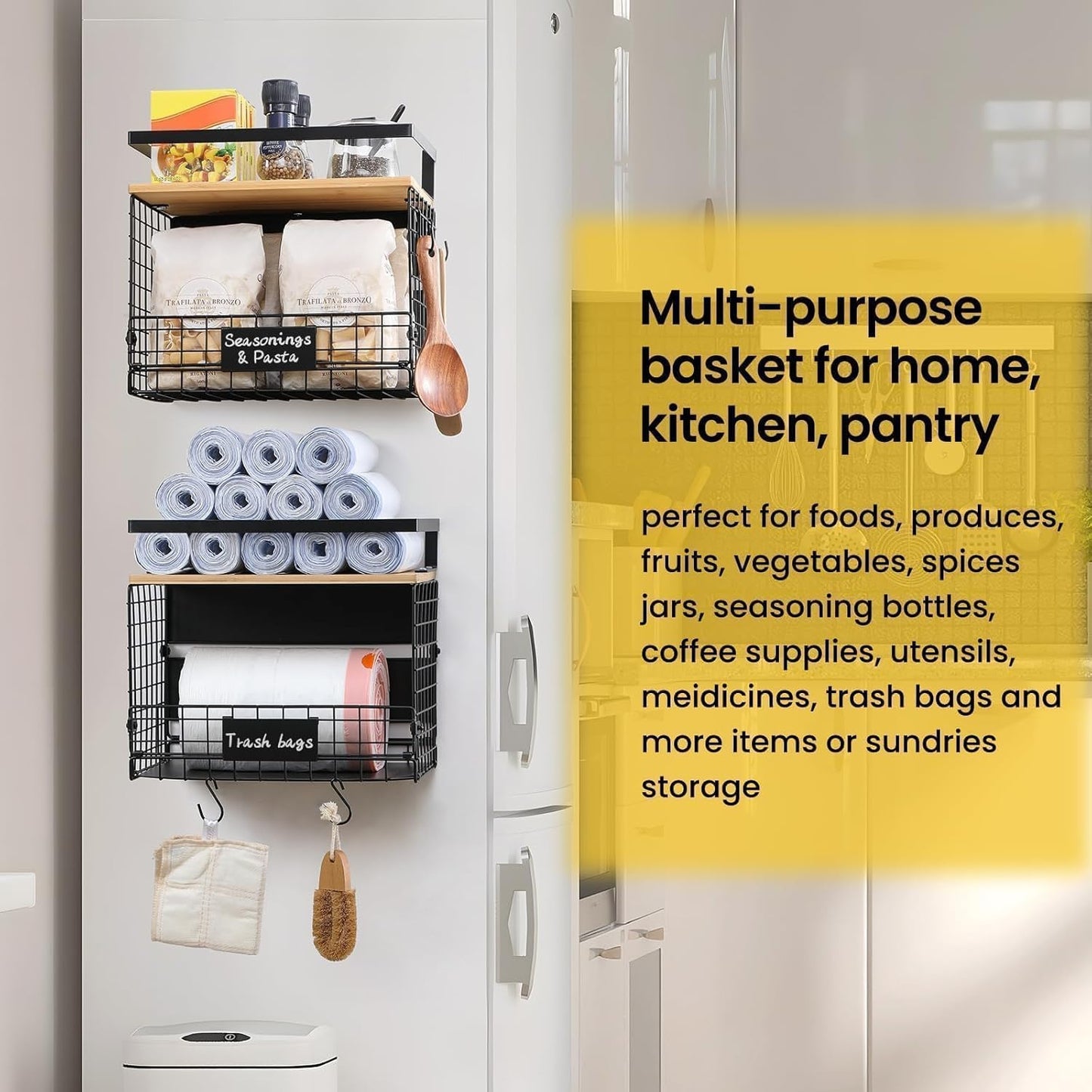 [WIDER SHELF] 1 SET Strong Magnetic Shelf Basket for Fridge with Tag & Bamboo Top