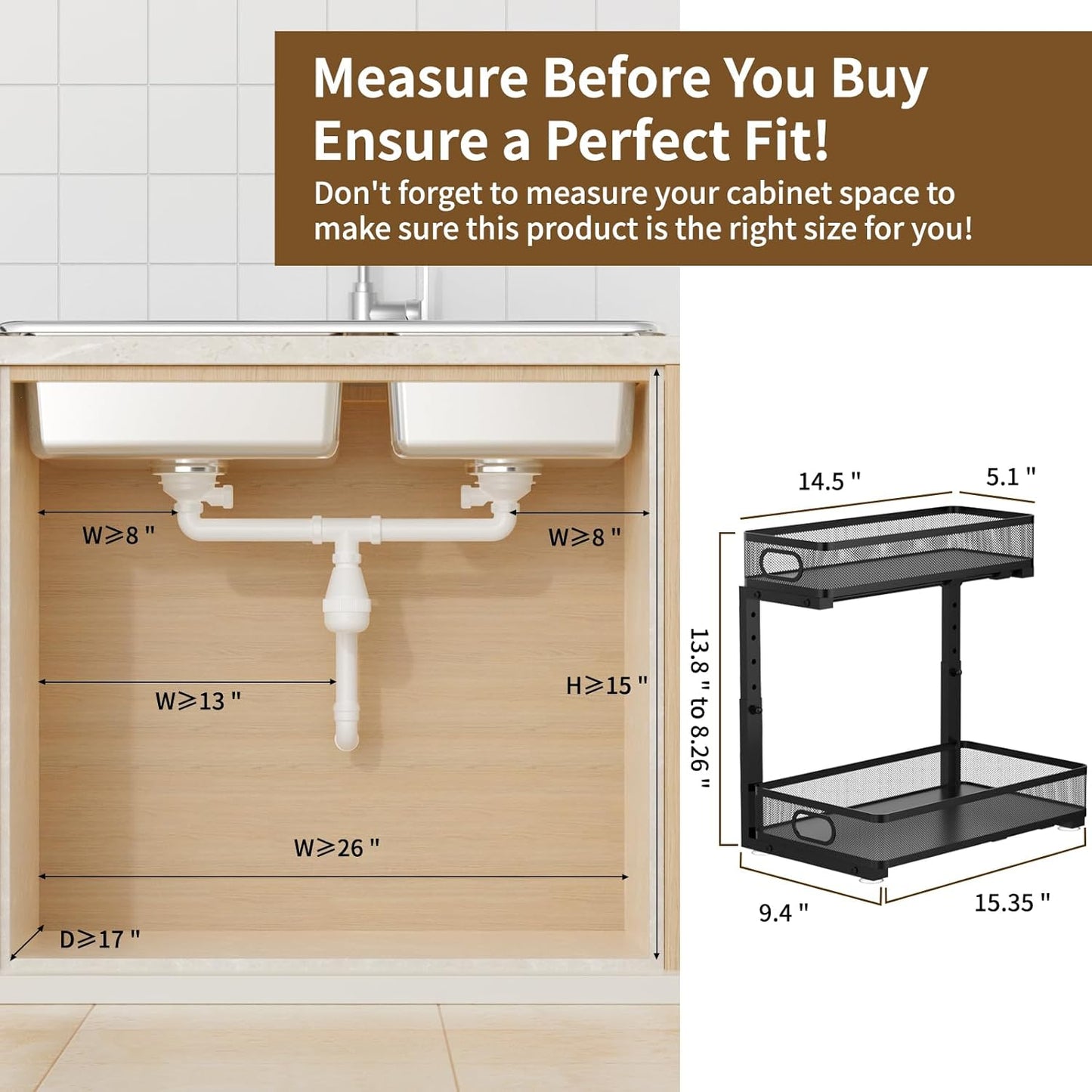 Under Sink Organizer 2 Pack, 2-Tier Slide Out Cabinet Organizer with Metal Sliding Drawer and Hooks, Pull Out Storage Baskets for Kitchen Bathroom Pantry Cabinet Organization (black)