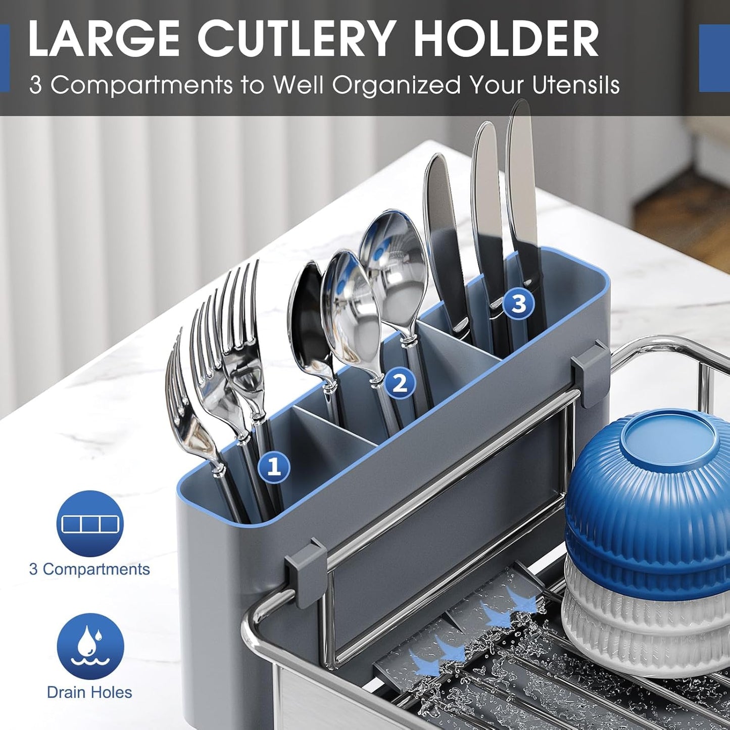 Stainless Steel Dish Drying Rack - Large Capacity Kitchen Counter Organizer with Drain Board
