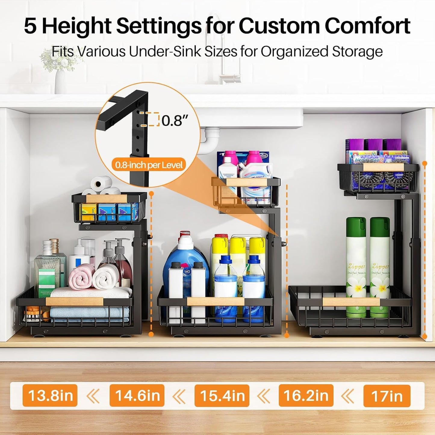 Under Sink Organizer, Adjustable Height, 2 Tier Pull Out Under Cabinet Organizer