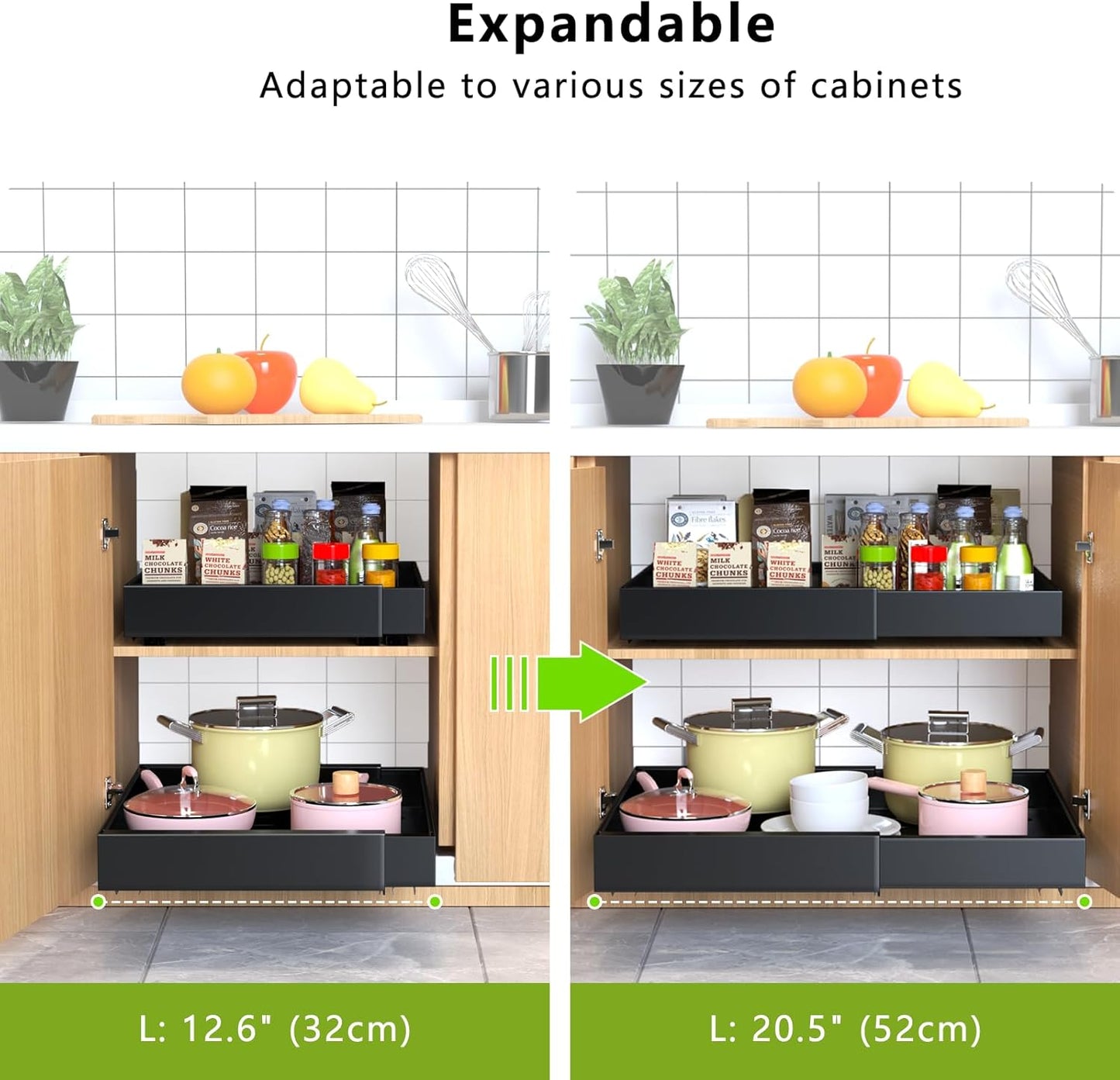2 Pack Pull Out Cabinet Organizer,21" Deep Slide Out Drawer Organizers,No Drill Pull Out Drawers Adhesive with Nano Compatible Framed Cabinets Shelves for Kitchen Pantry Adjustable Width