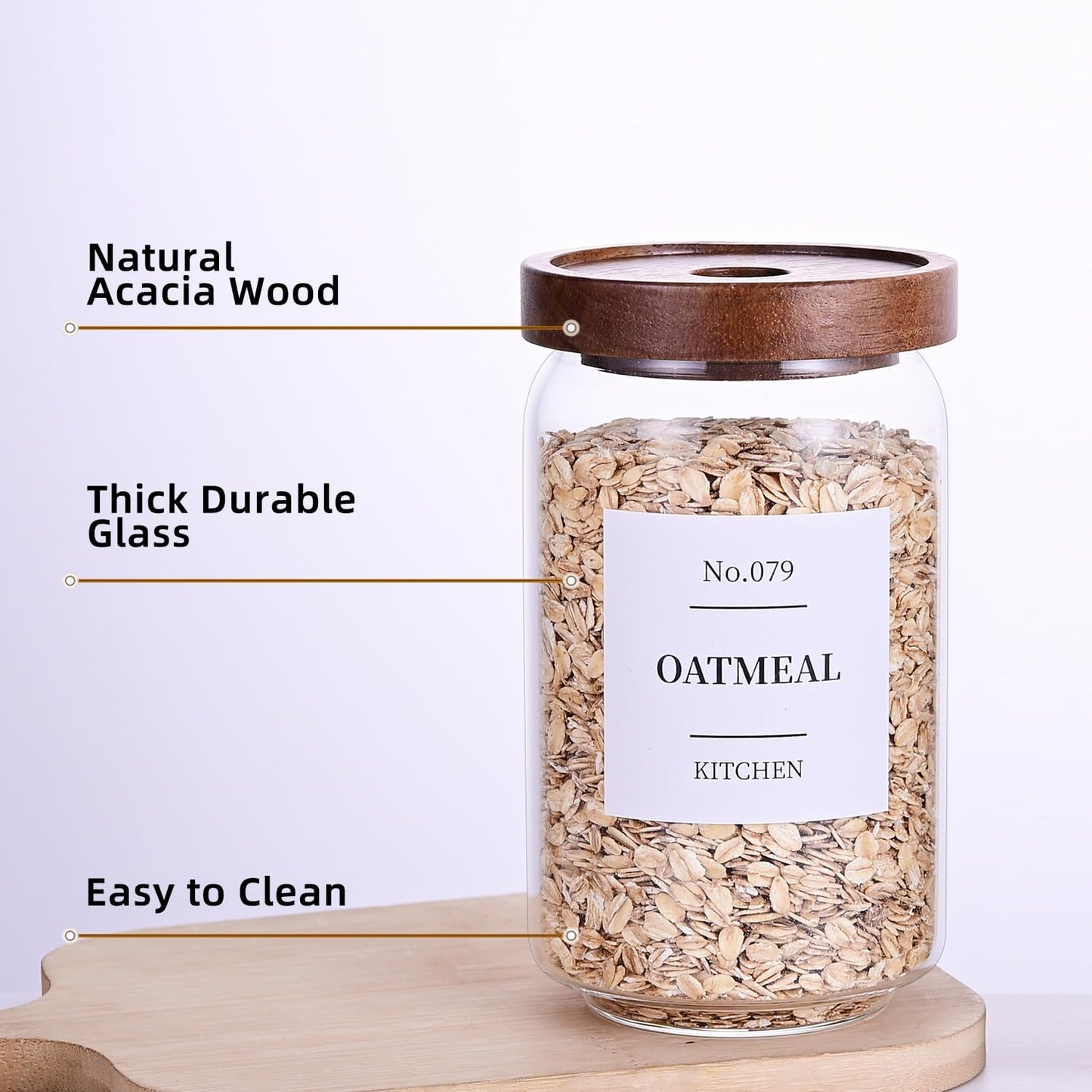 Glass Pantry Storage Jars with Acacia Airtight Lid, 25oz Clear Kitchen Canisters with Wood Lid