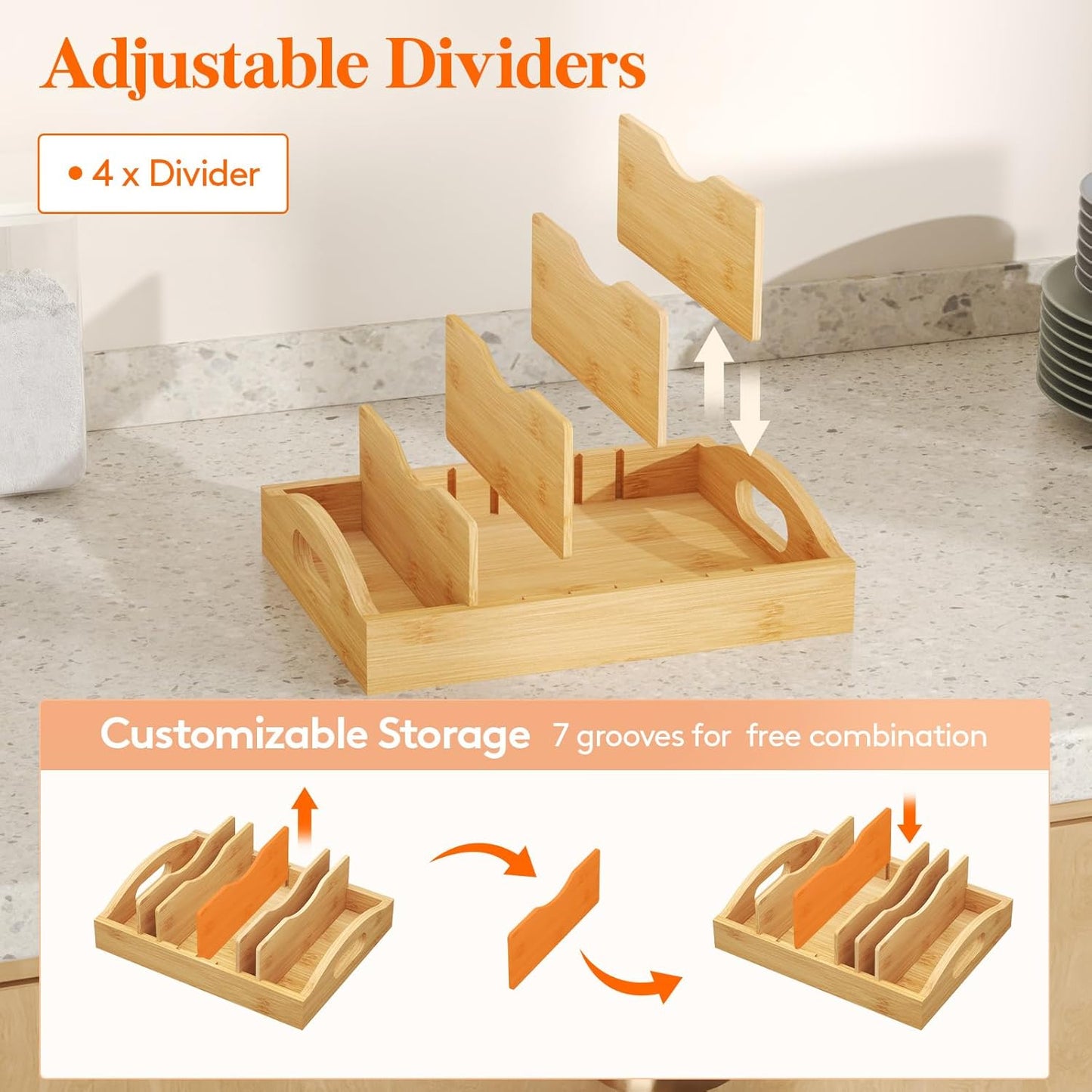 Bamboo Lid Organizers for Inside Cabinet, Food Storage Container Lid Holder with 4 adjustable Inserts & 5 Sections, Kitchen Pantry organizer and storage, 10.6" X 8.3"