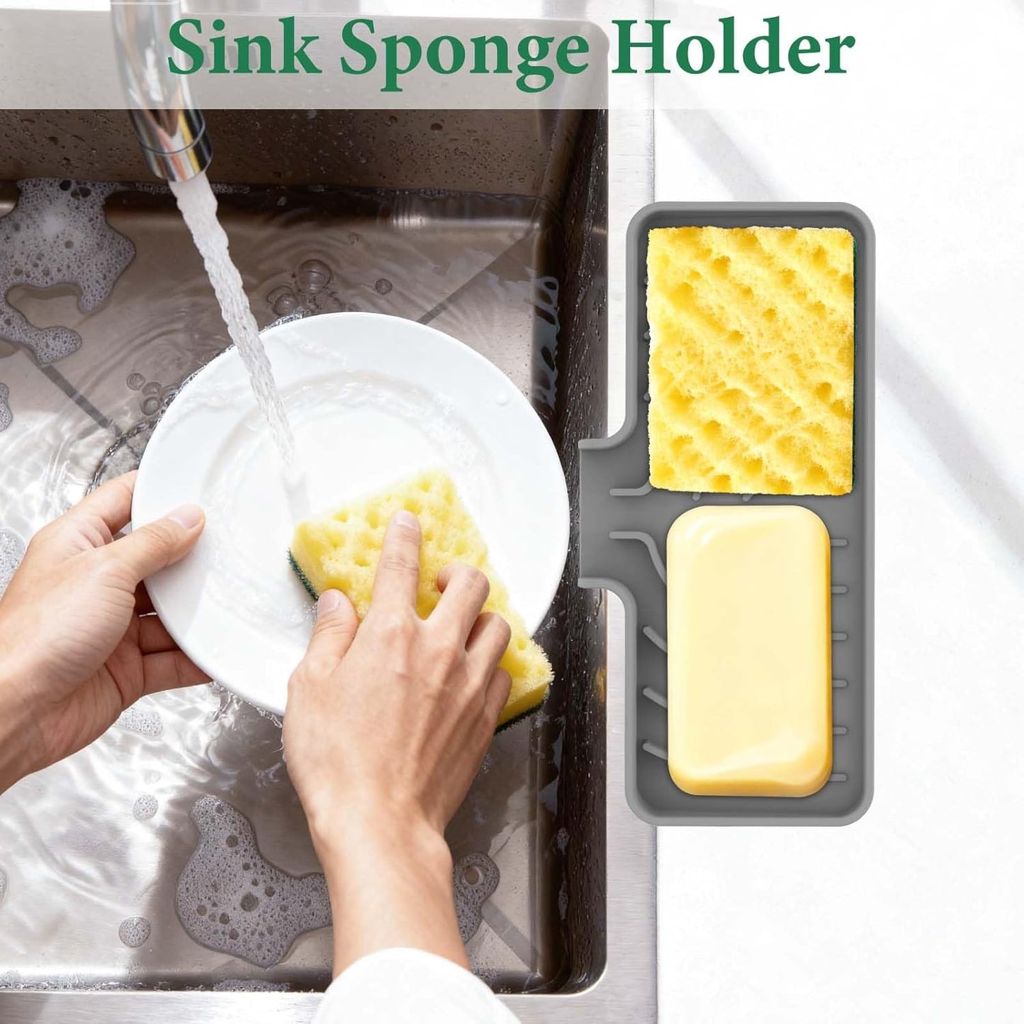 Sponge Holder for Kitchen Sink, Sink Caddy and Soap Tray | 10x4 inch Kitchen Sink Organizer | Compatible with Scrub Daddy, Kitchen Sink Accessories (Grey)