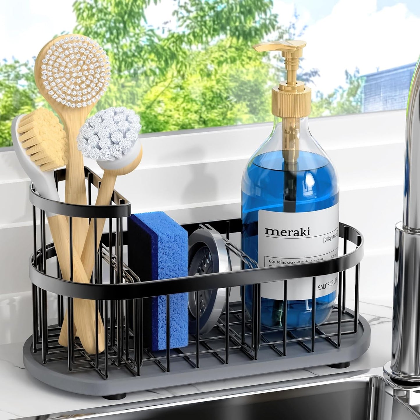 Sponge Holder for Kitchen Sink with High Brush Holder