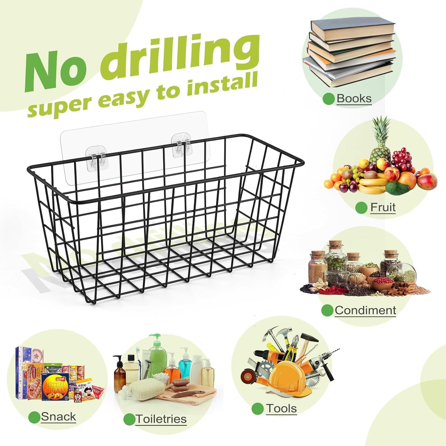 2 Pack Hanging Kitchen Baskets, Adhesive Wire Wall Storage Basket