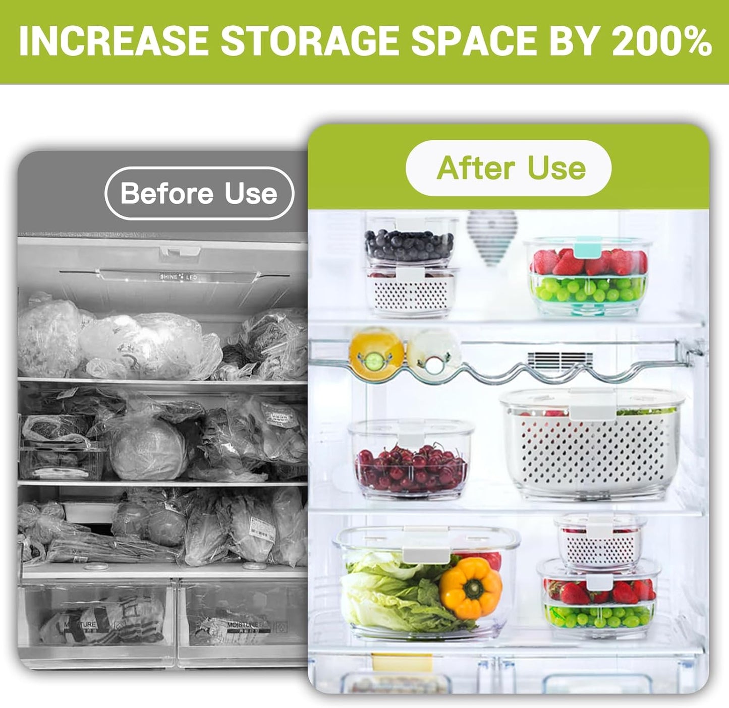 Fresh Produce Vegetable Fruit Storage Containers 3Piece Set, BPA-free, Partitioned Salad Container