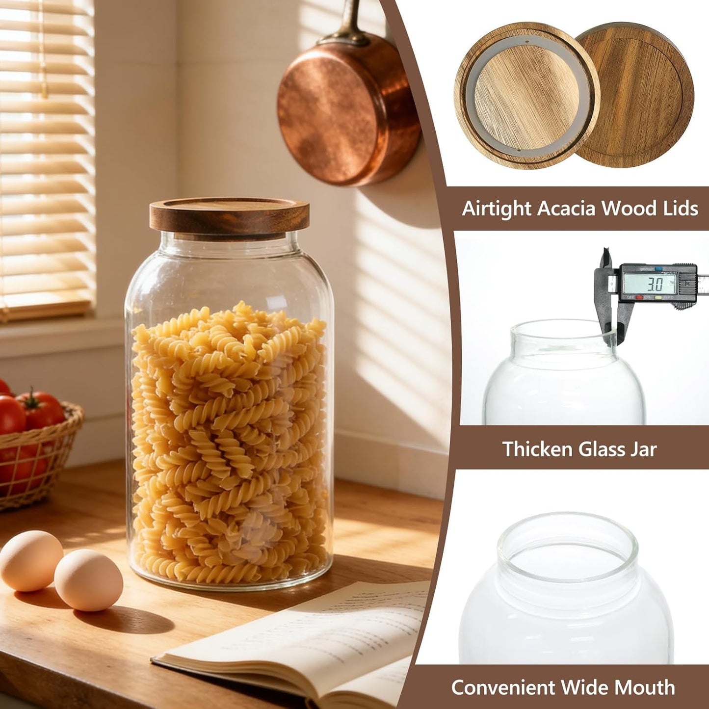 88oz Large Glass Storage Jars with Airtight Acacia Lid and 126 Kitchen Pantry Labels Set of 3