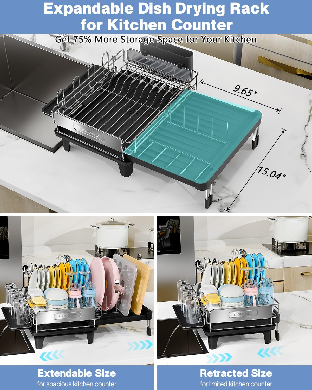 Expandable Dish Drying Rack, Dish Racks for Kitchen Counter, Stainless Steel 304