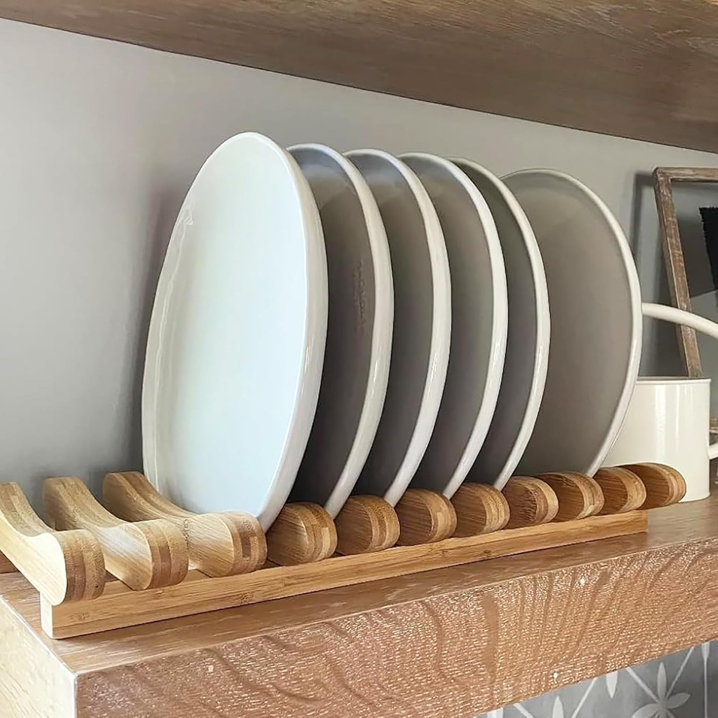 Bamboo Dish Drying Rack, 10 Slots Bamboo Cabinet Plate Stand Dish Drainer Wooden Plate Rack Pot Lid Holder Kitchen Dish Plate Storage Organizer for Countertop Cabinet