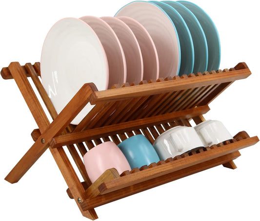 Teak Dish Drainer Rack Collapsible 2 Tier Dish Rack Dish Drying Rack Foldable Plate Organizer Holder for Kitchen Compact Countertop