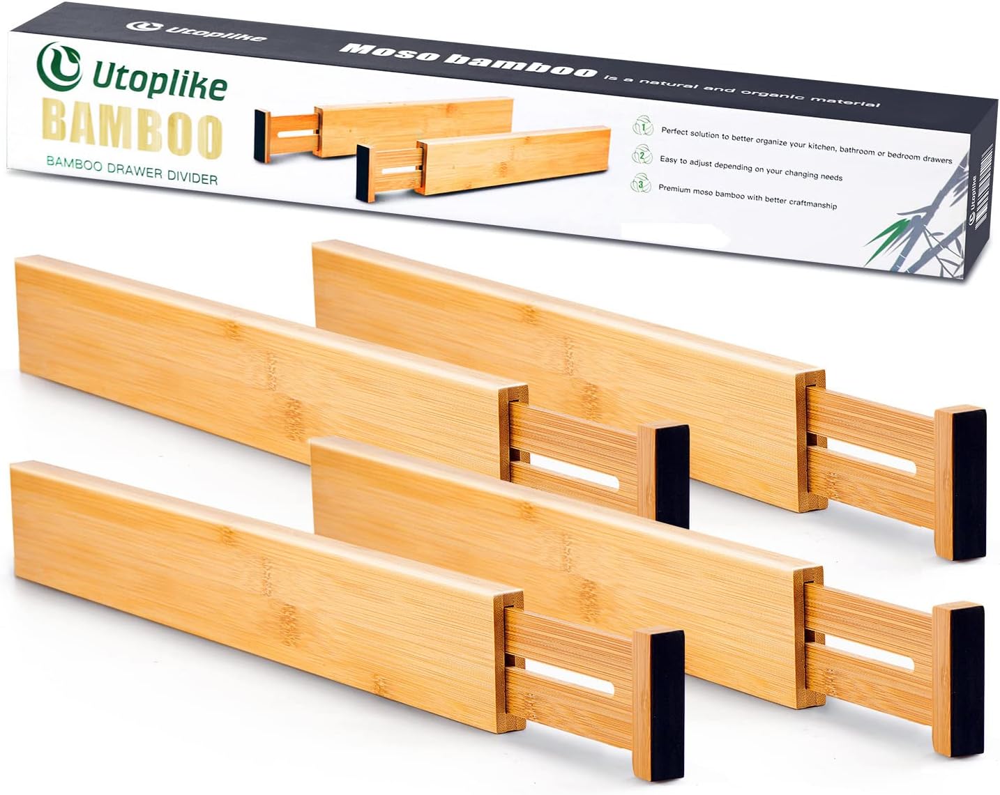 4 pcs Bamboo Kitchen Drawer Dividers Large, Adjustable Drawer Organizers, Spring Loaded