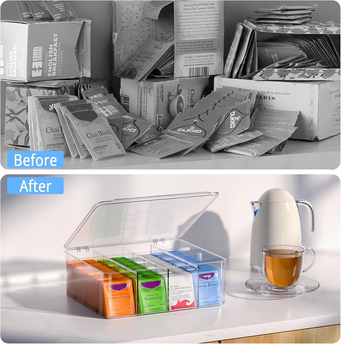 Tea Bag Organizer with Lid: Plastic Storage Bin - 16 Compartments with Removable Dividers