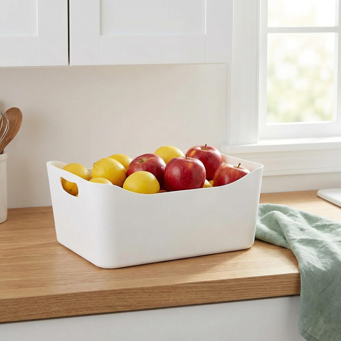 4 Pack White Plastic Storage Bins, Pantry Organizer Bin with Handles