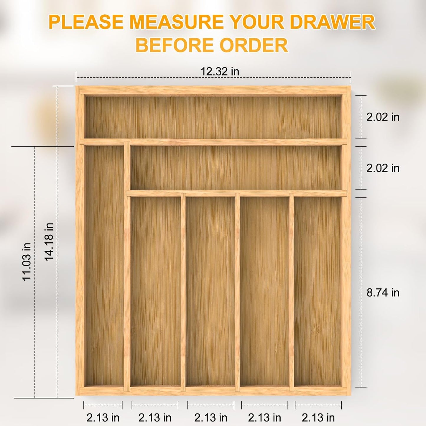 Bamboo Silverware Organizer Drawer Tray, 7-Compartment Utensil Drawer Organizer for Kitchen & Office, Flatware Holder for Forks, Spoons, Cutlery