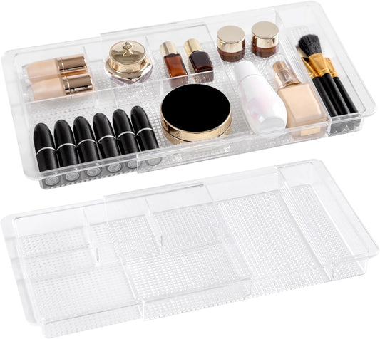 Expandable Drawer Organizer 11.1” to 19.2” Width, Shallow Cosmetic Organizer 1.3” Height, 2 Packs