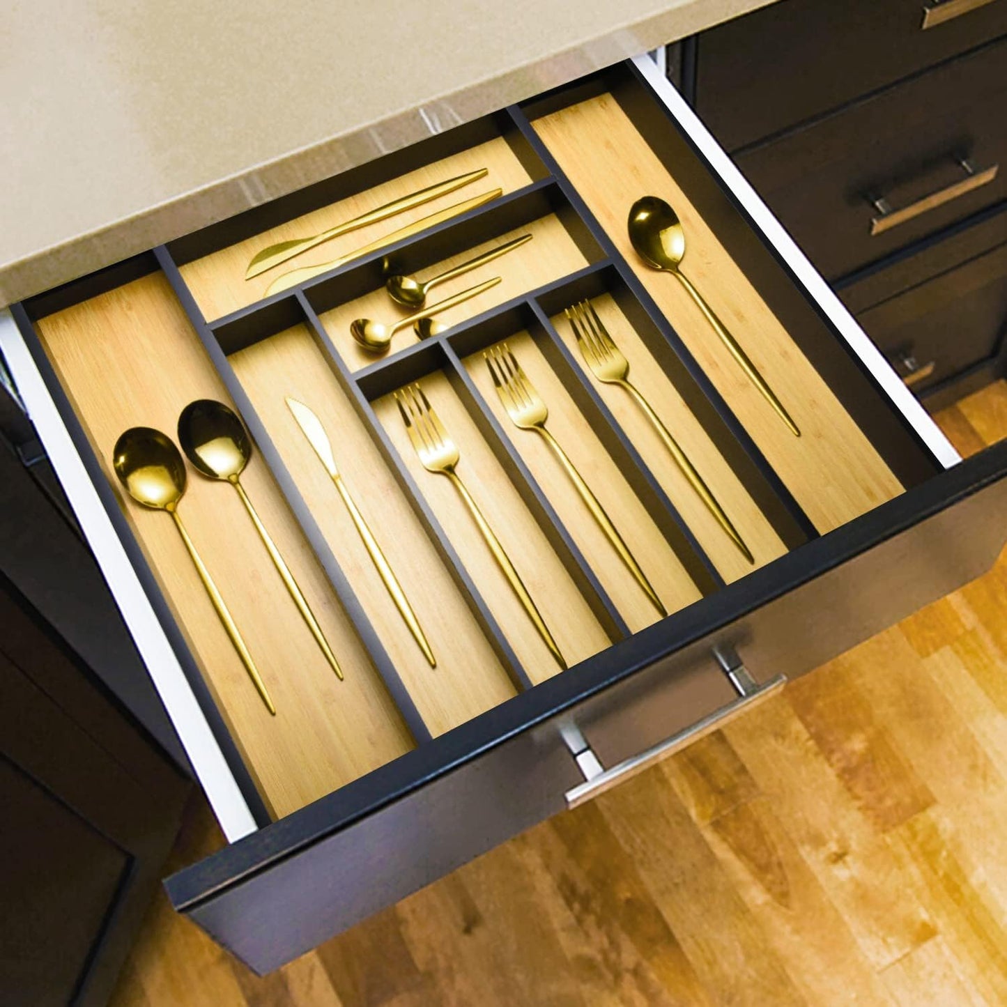 Bamboo drawer organizer, utensil holder, silverware organizer