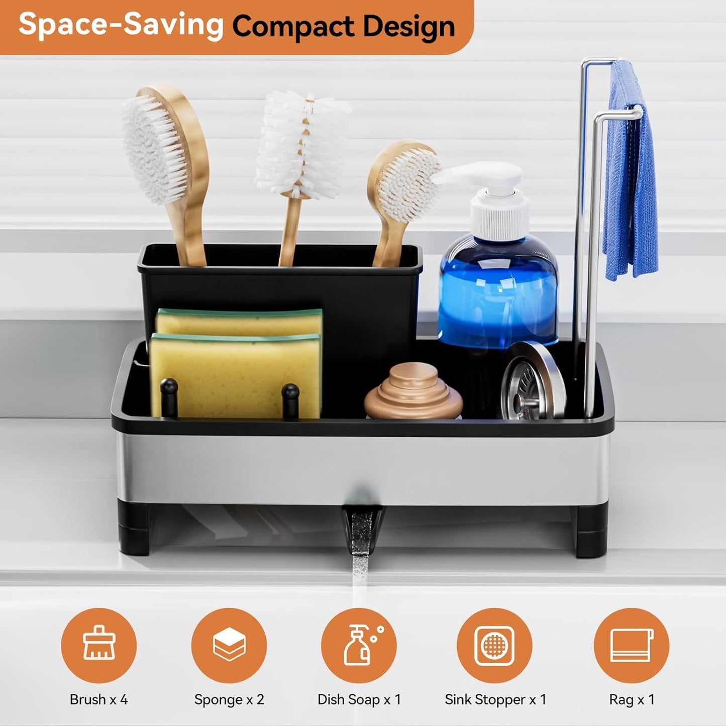 Sponge Holder for Kitchen Sink, Rustproof Stainless Steel Sink Caddy with Auto-Drain